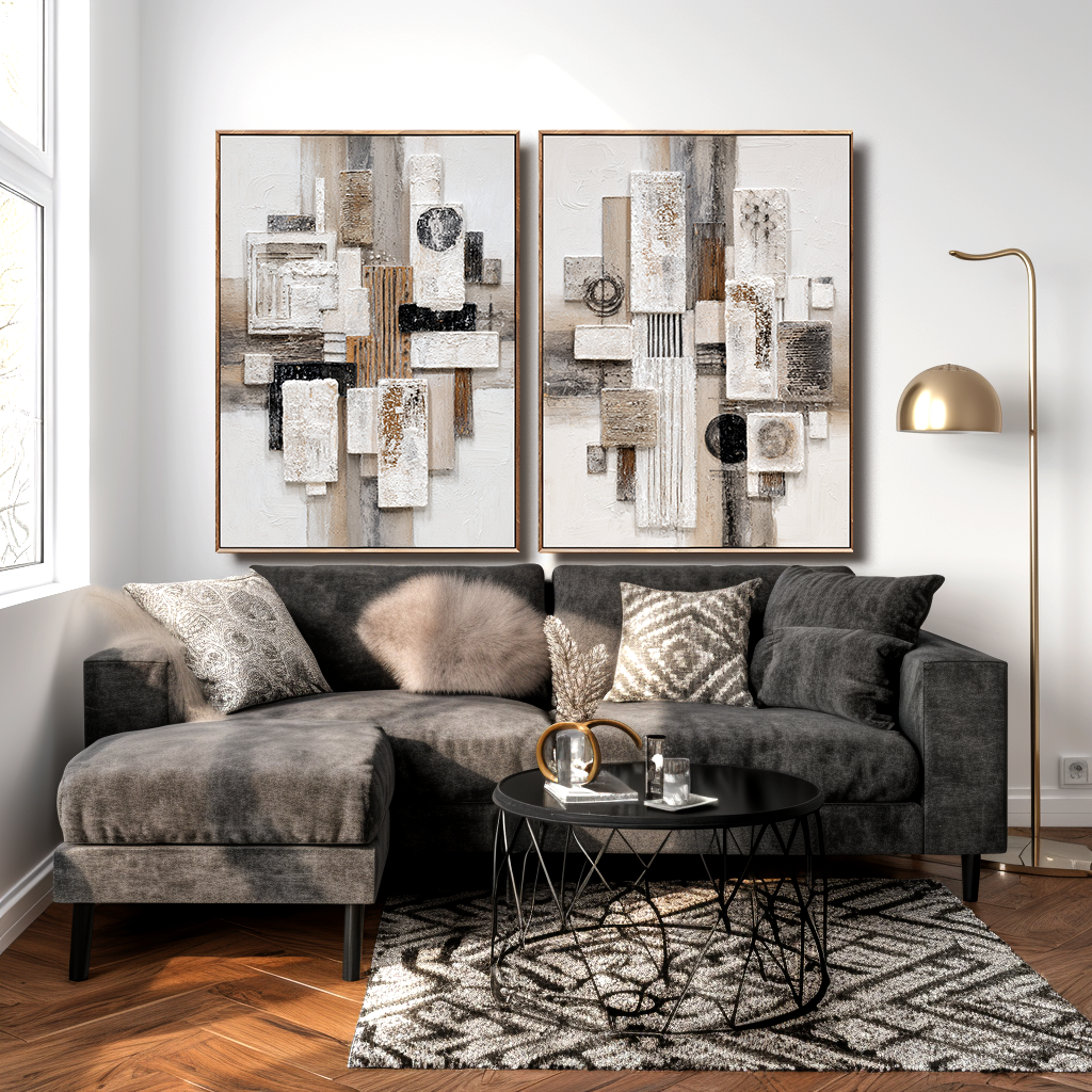 Multiple Lives large wall art set of 2 with geometric shapes and neutral tones.