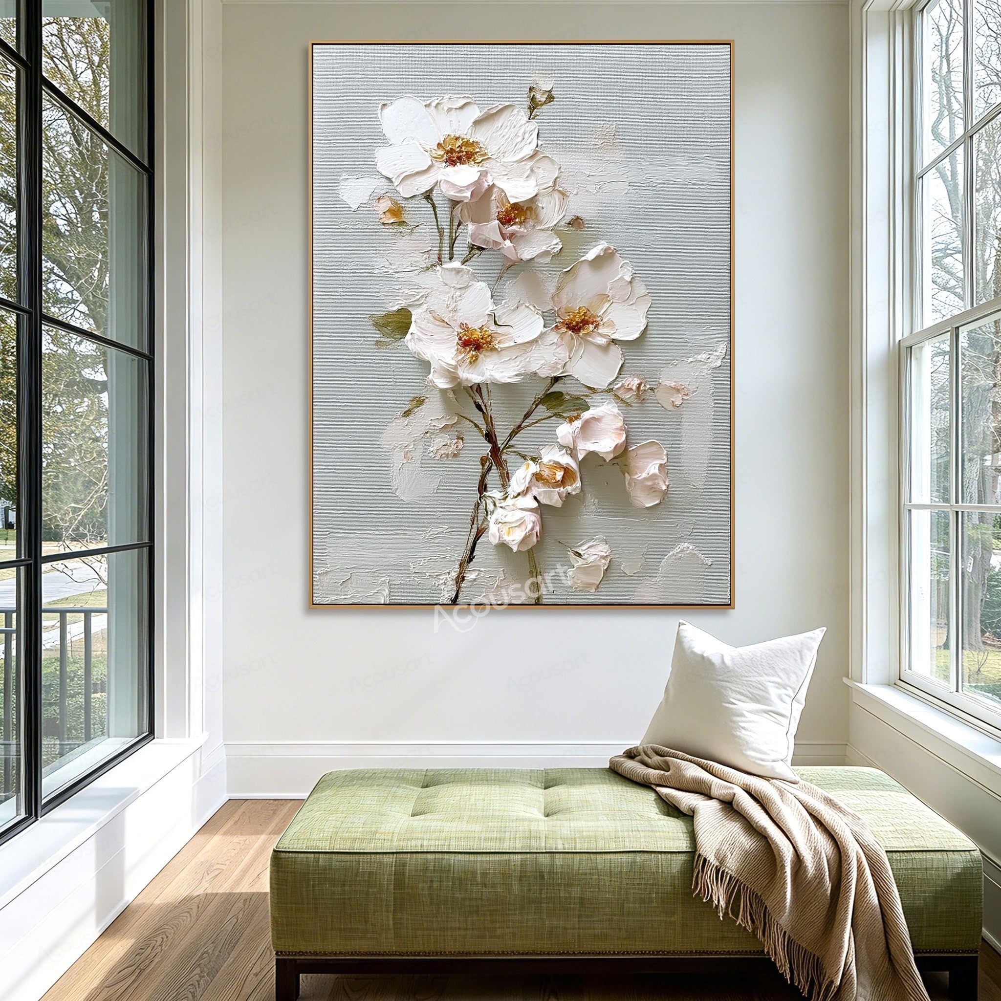 White textured floral wall art with blush flowers, gold centers, green leaves, and brown branches on a pale blue-gray background
