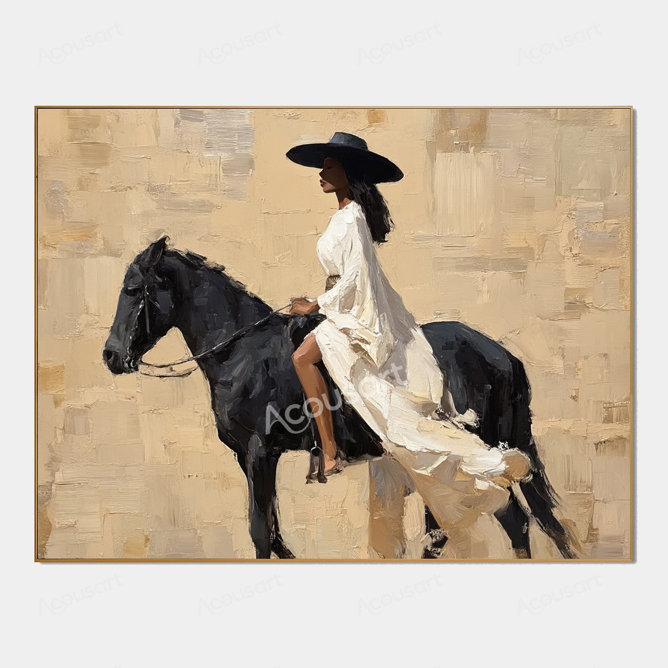 Elegant equestrian wall art featuring a woman in a flowing white dress riding a black horse against a textured beige background