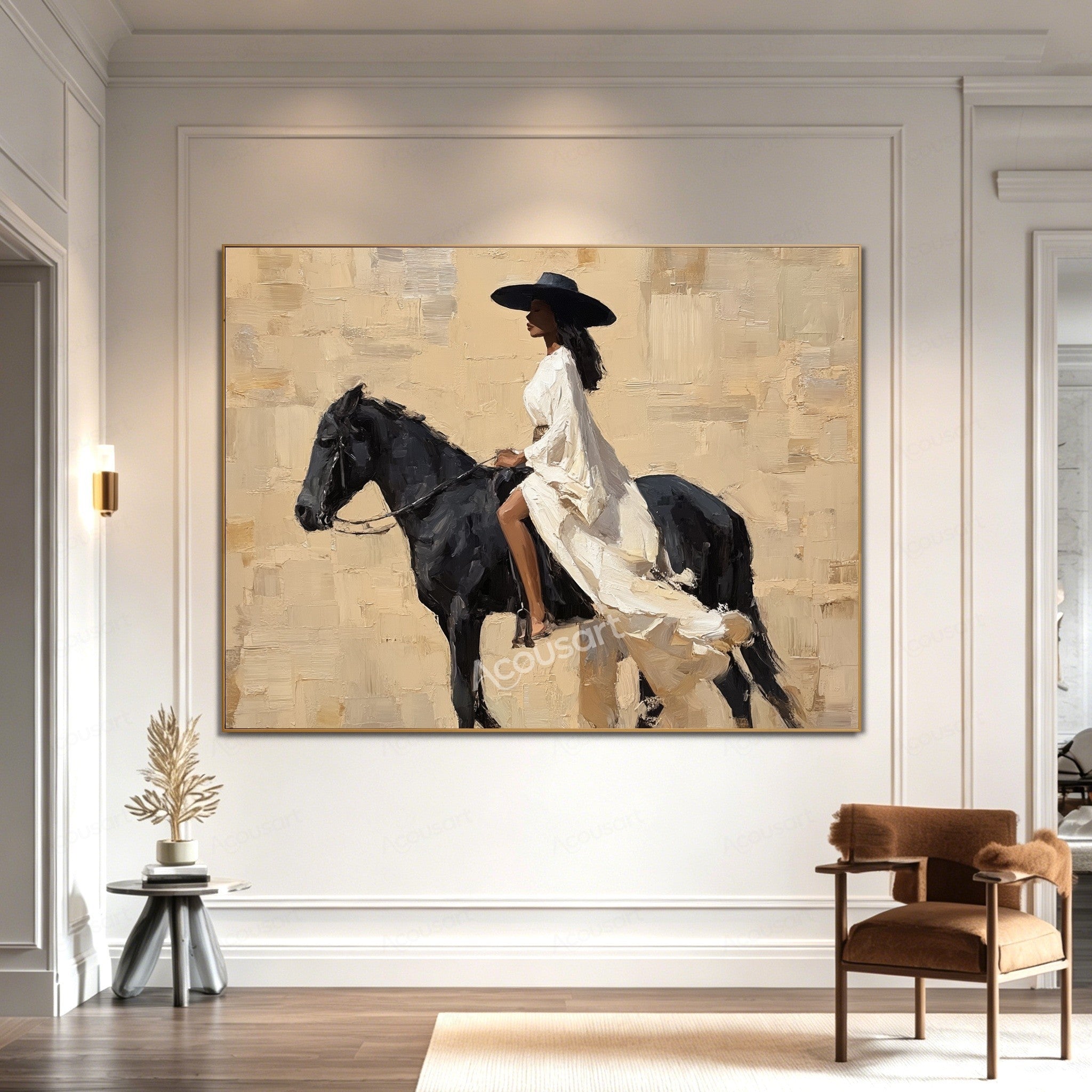 Elegant equestrian wall art featuring a woman in a flowing white dress riding a black horse against a textured beige background