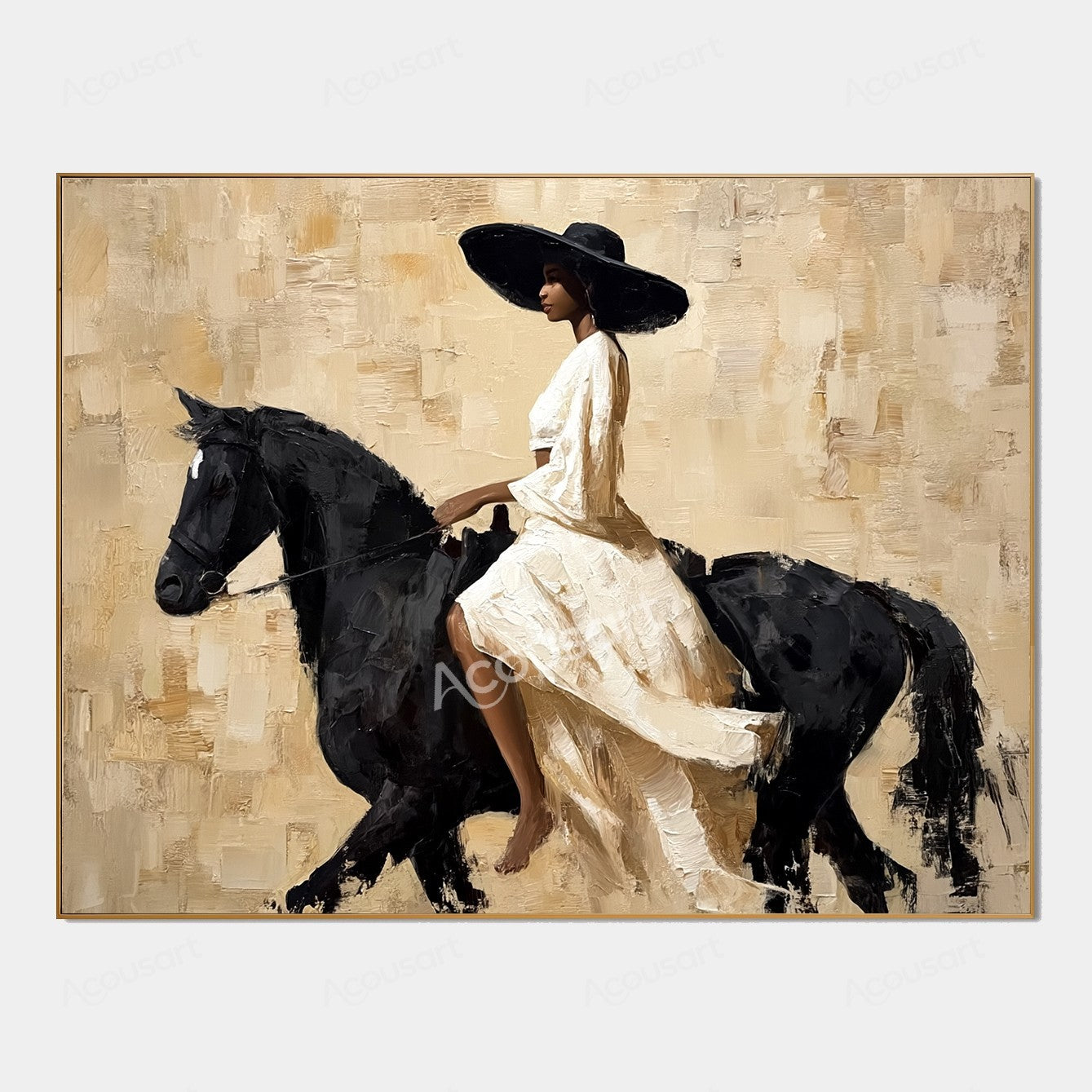 Elegant horse wall art featuring a woman in a flowing white dress and black hat riding a black horse on a textured beige background