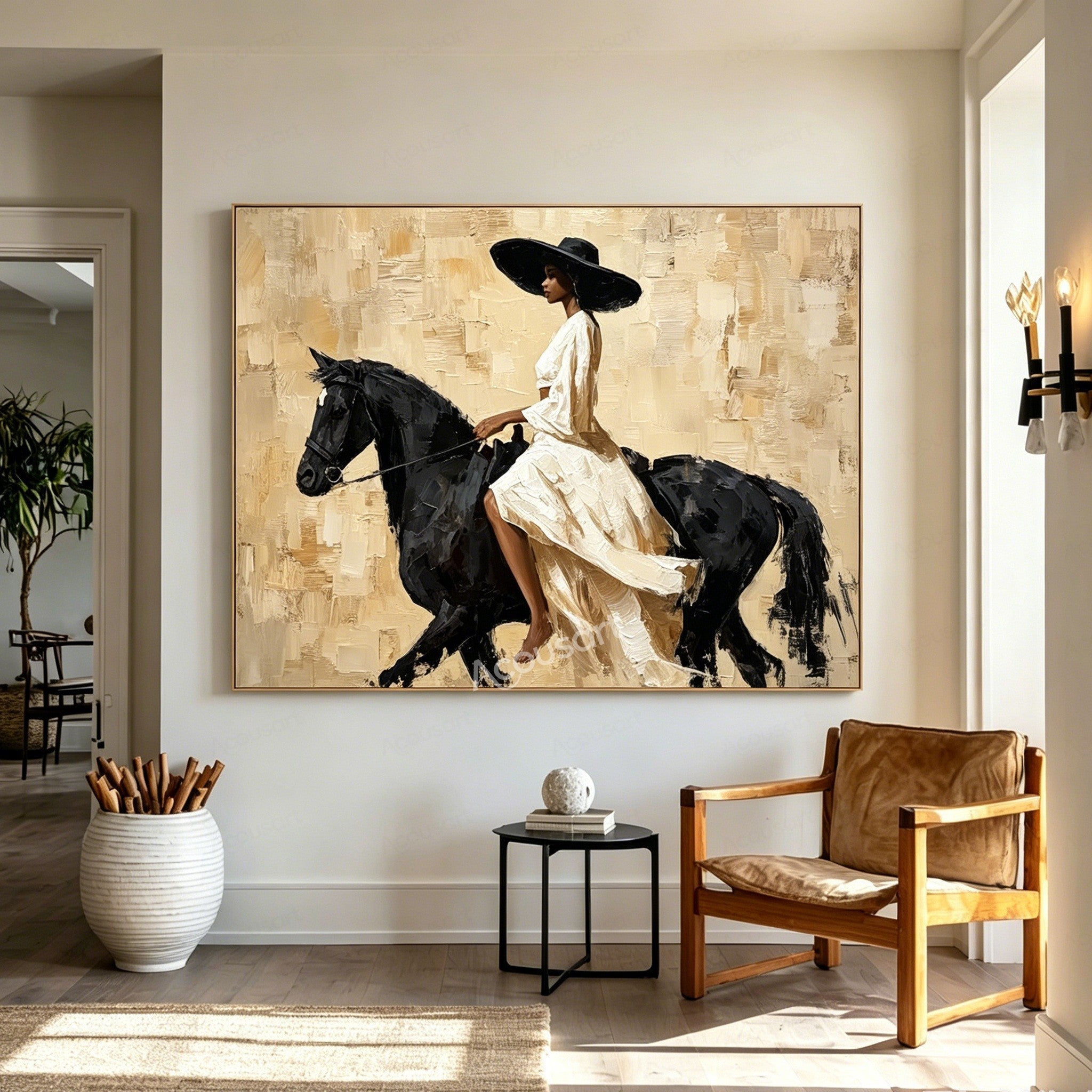 Elegant horse wall art featuring a woman in a flowing white dress and black hat riding a black horse on a textured beige background