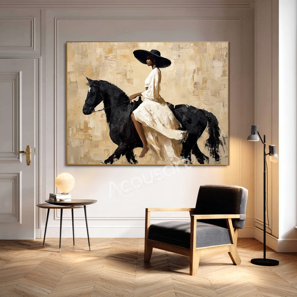 Elegant horse wall art featuring a woman in a flowing white dress and black hat riding a black horse on a textured beige background