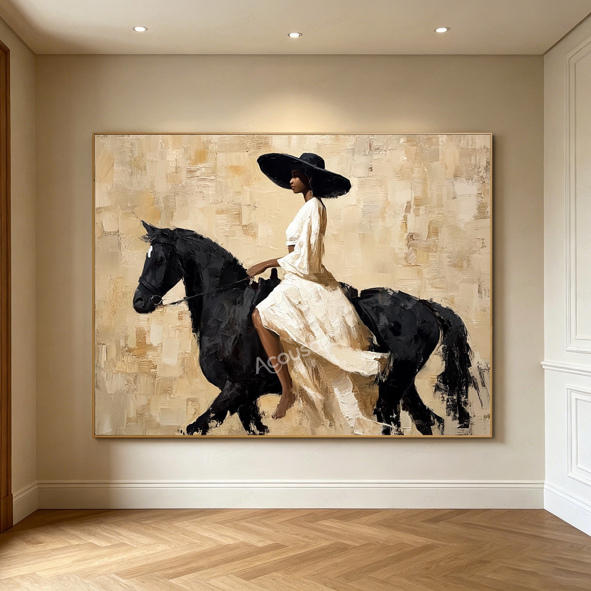 Elegant horse wall art featuring a woman in a flowing white dress and black hat riding a black horse on a textured beige background