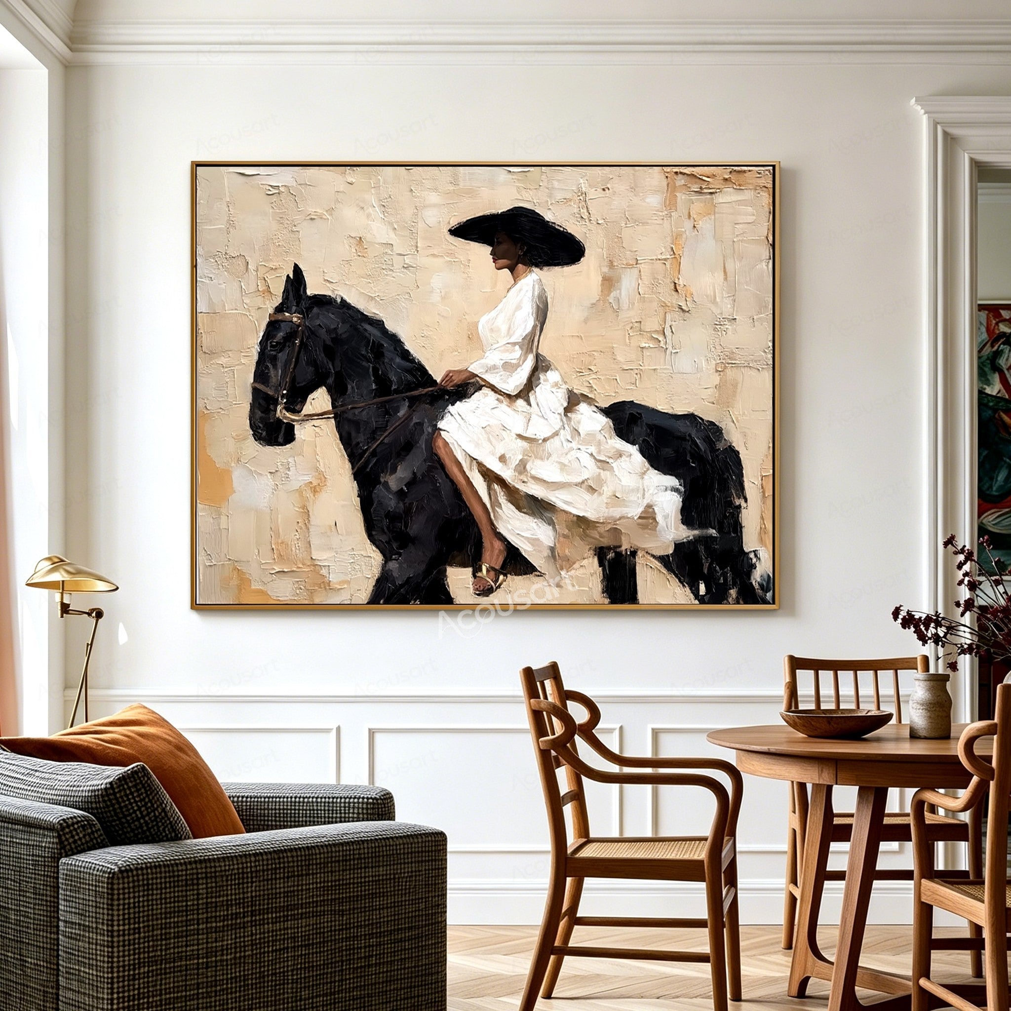 Elegant horse wall art featuring a woman in a flowing white dress and black hat riding a black horse on a textured beige background
