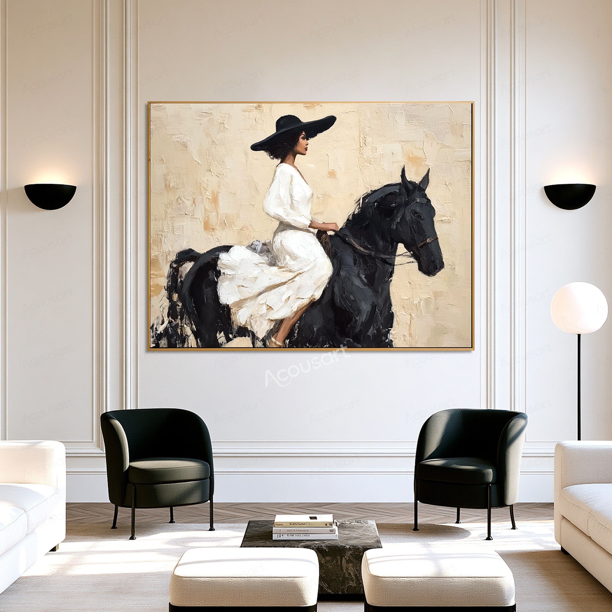 Elegant equestrian wall art featuring a woman in a white dress and black hat riding a black horse on a textured beige background