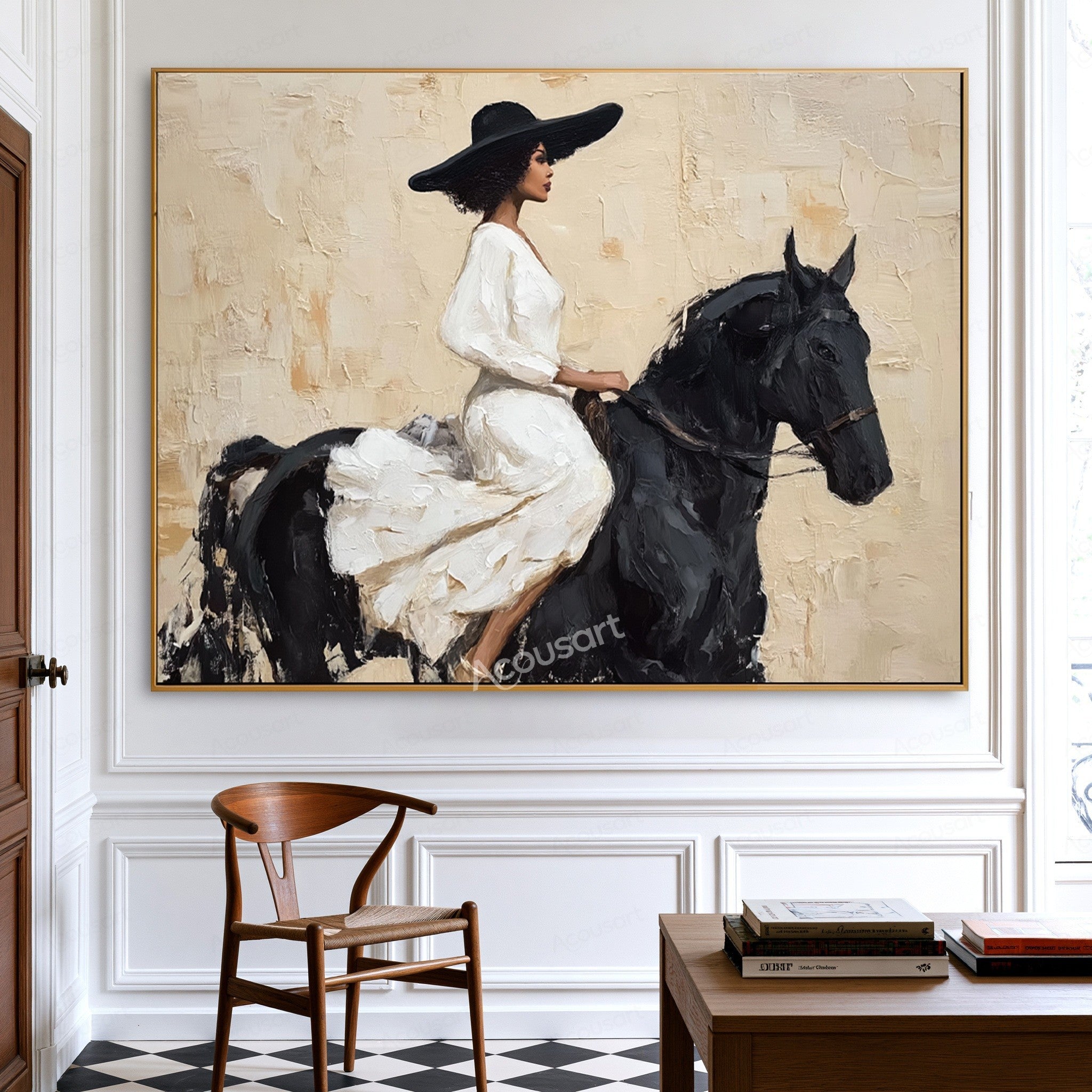 Elegant equestrian wall art featuring a woman in a white dress and black hat riding a black horse on a textured beige background