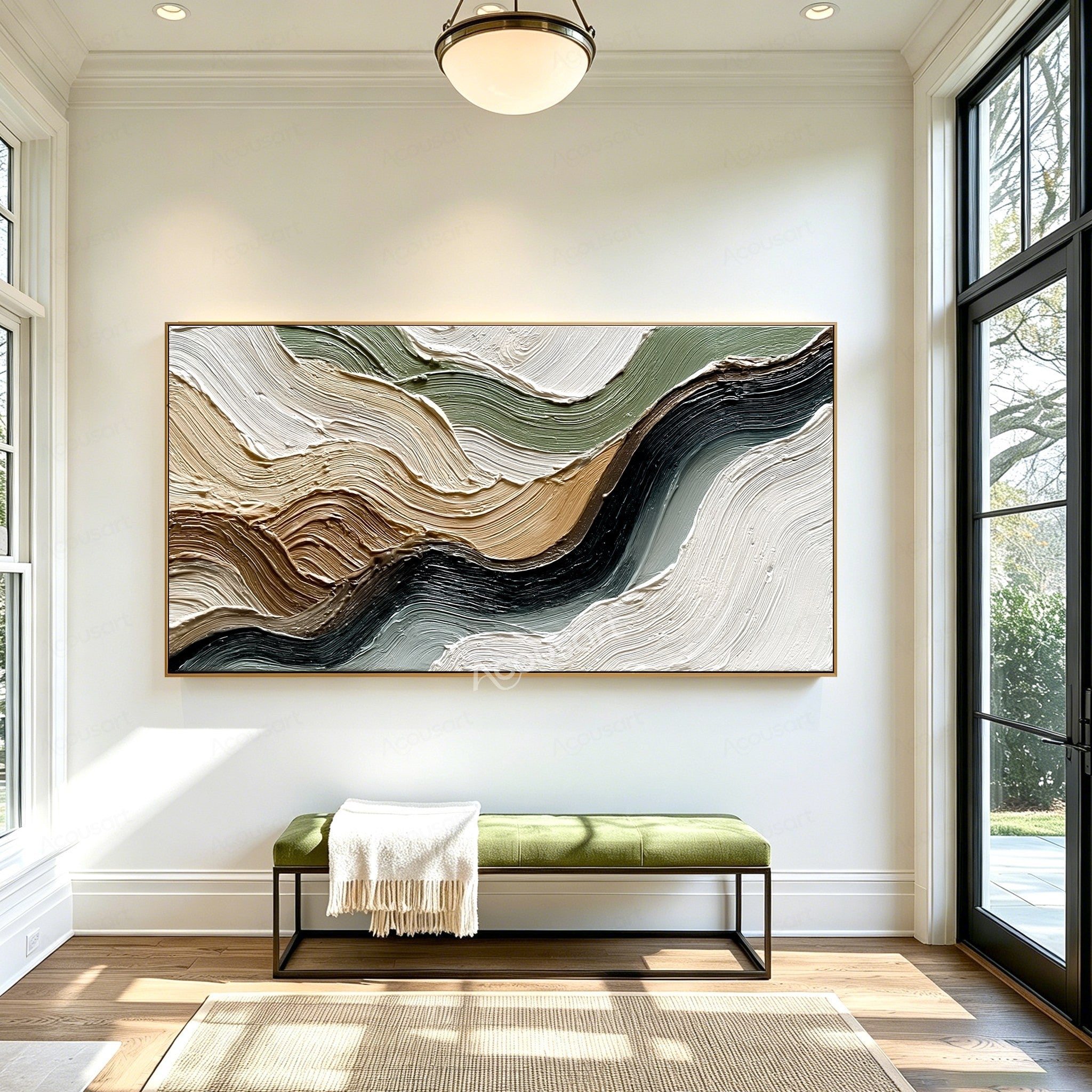 Neutral textured abstract landscape wall art with flowing cream, beige, sage green, brown, gray, and black impasto brushstrokes