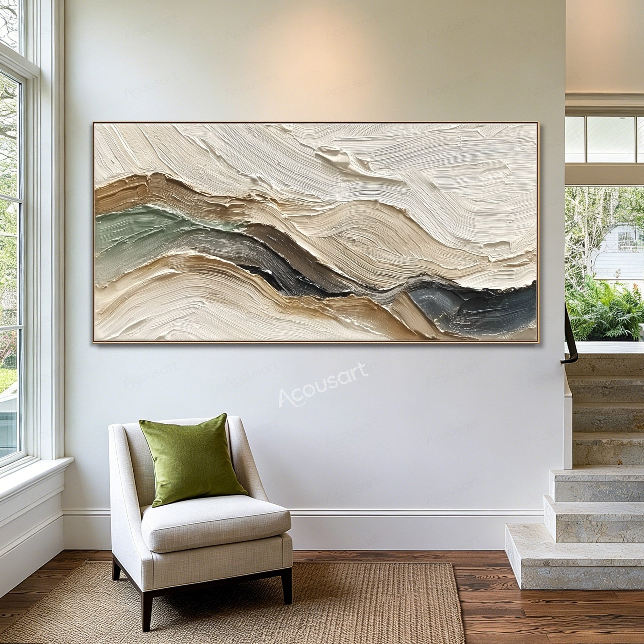 Neutral textured abstract landscape wall art with cream, sage green, beige, brown, and charcoal impasto brushstrokes