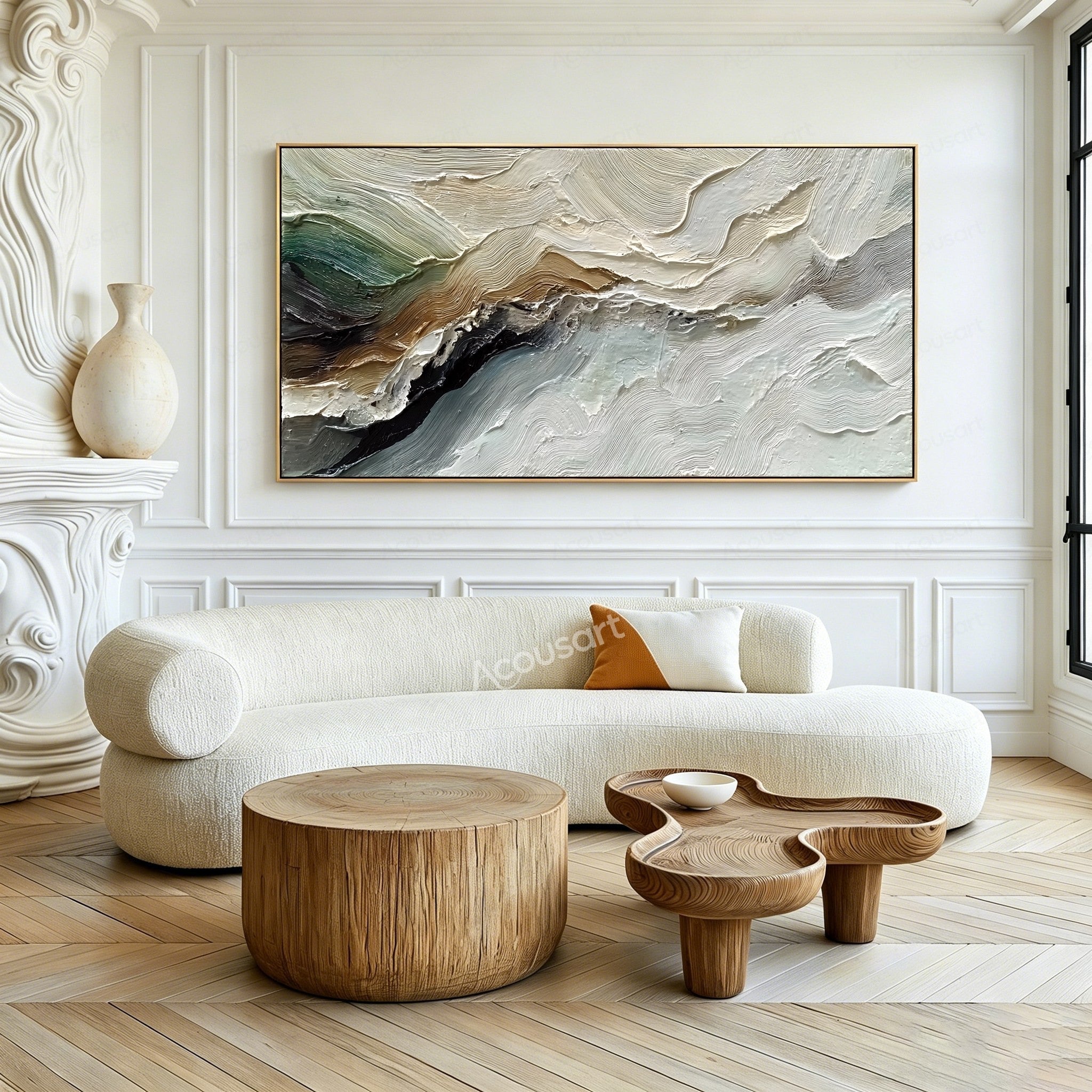 Neutral textured abstract landscape wall art with flowing cream, sage green, brown, gray, and black impasto brushstrokes