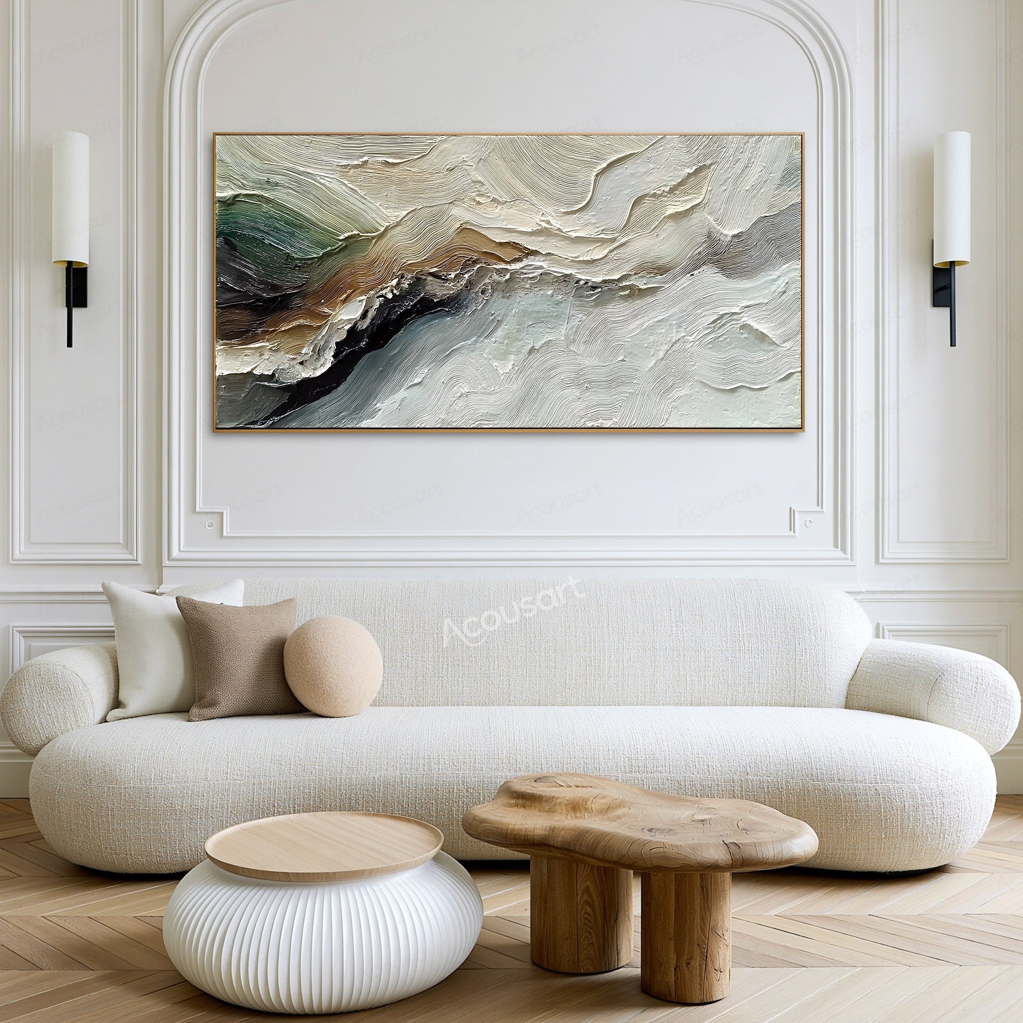 Neutral textured abstract landscape wall art with flowing cream, sage green, brown, gray, and black impasto brushstrokes