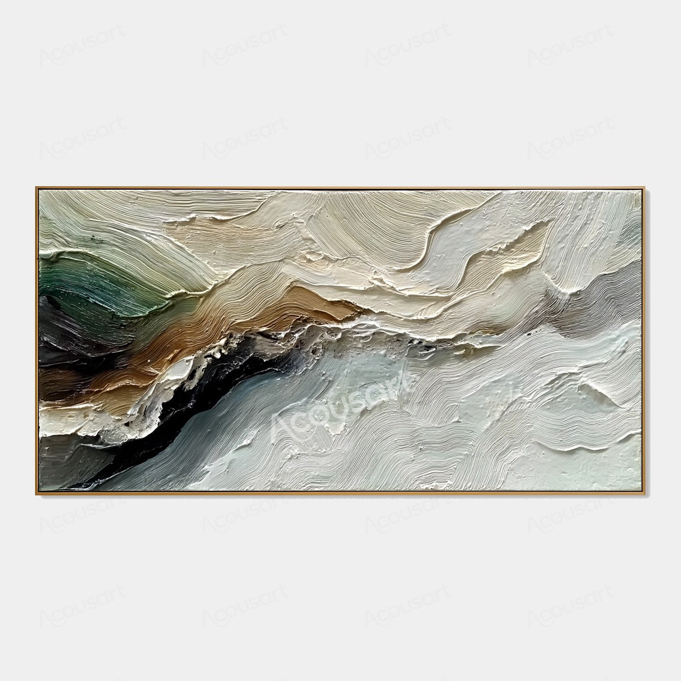 Neutral textured abstract landscape wall art with flowing cream, sage green, brown, gray, and black impasto brushstrokes