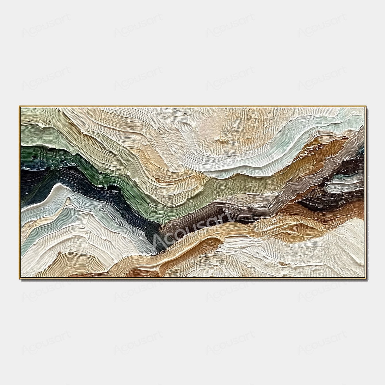 Neutral green textured abstract landscape wall art with flowing cream, brown, sage, forest green, and black impasto brushstrokes