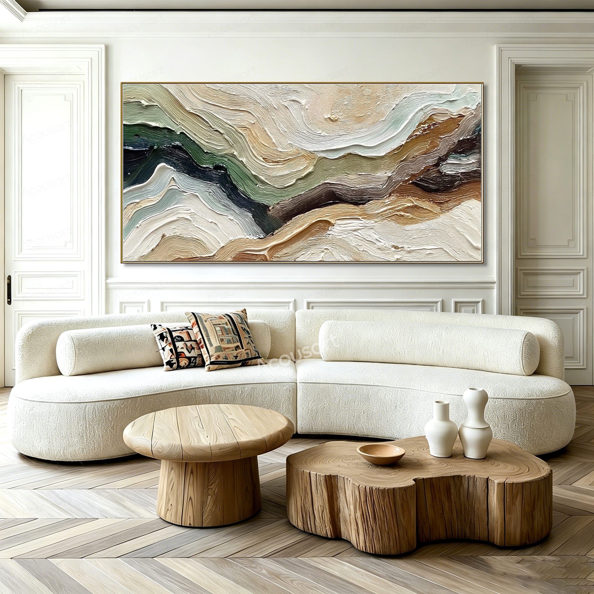 Neutral green textured abstract landscape wall art with flowing cream, brown, sage, forest green, and black impasto brushstrokes