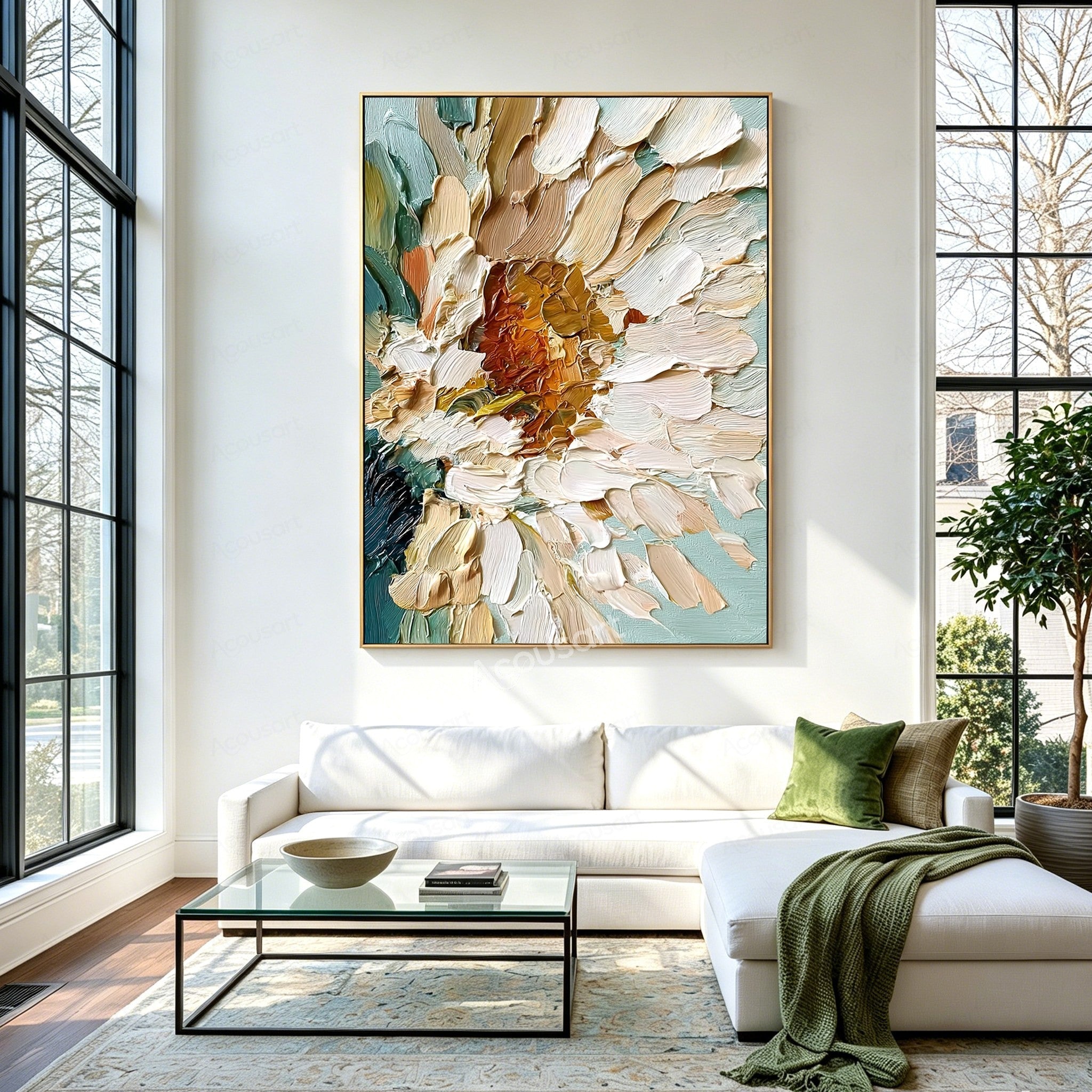 White floral textured wall art with cream petals, golden center, teal green leaves, and thick raised brushstrokes