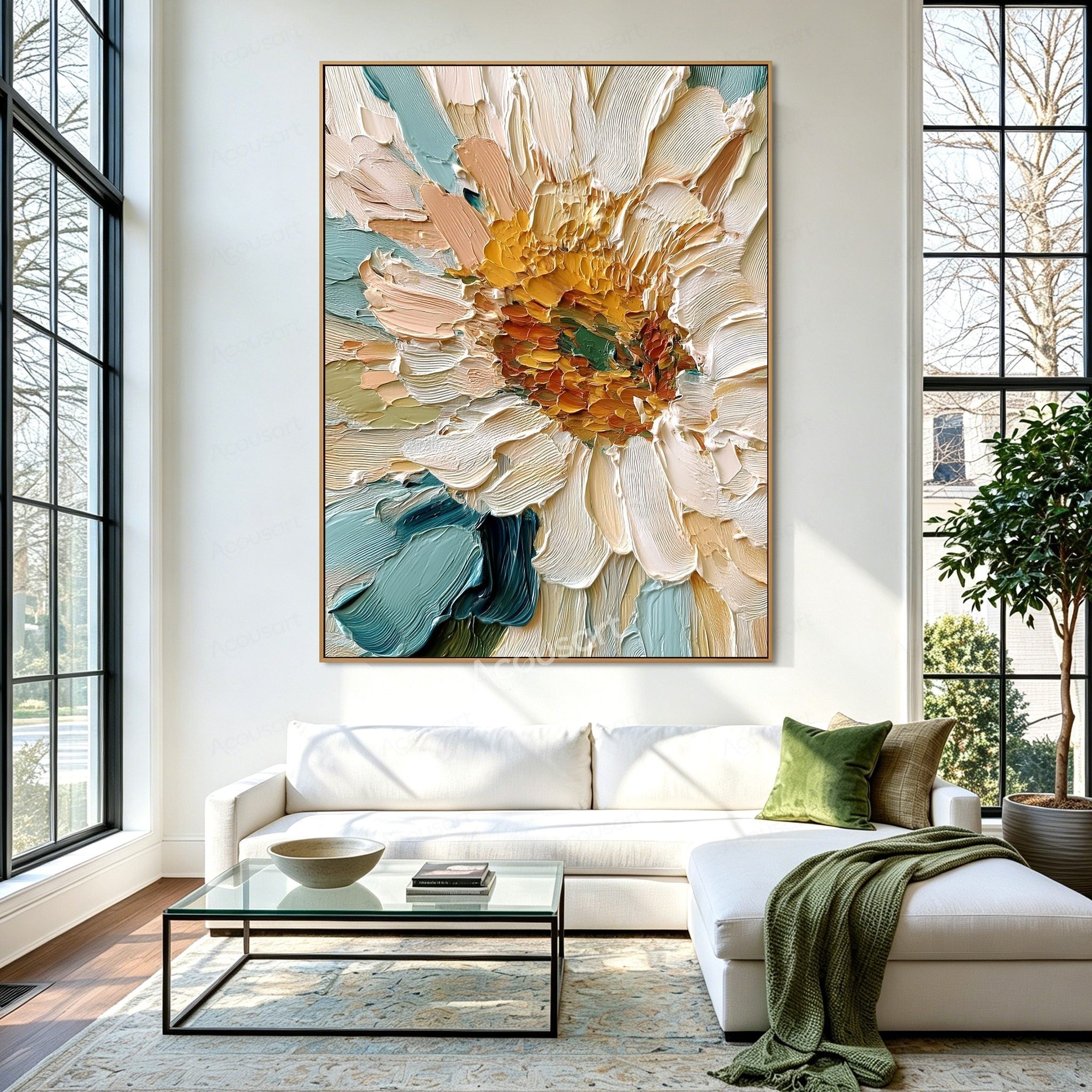 White and cream textured sunflower wall art with golden center, teal accents, and thick raised brushstrokes