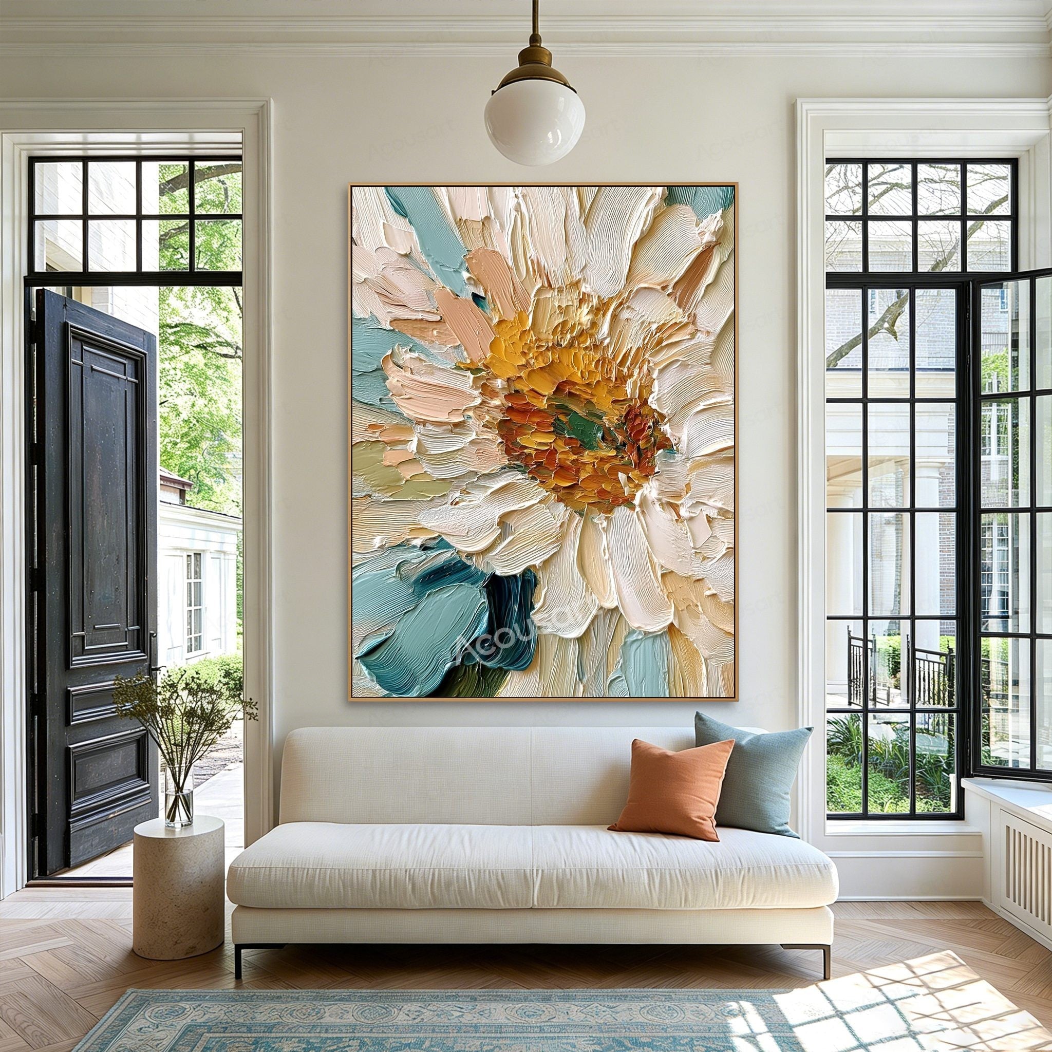 White and cream textured sunflower wall art with golden center, teal accents, and thick raised brushstrokes
