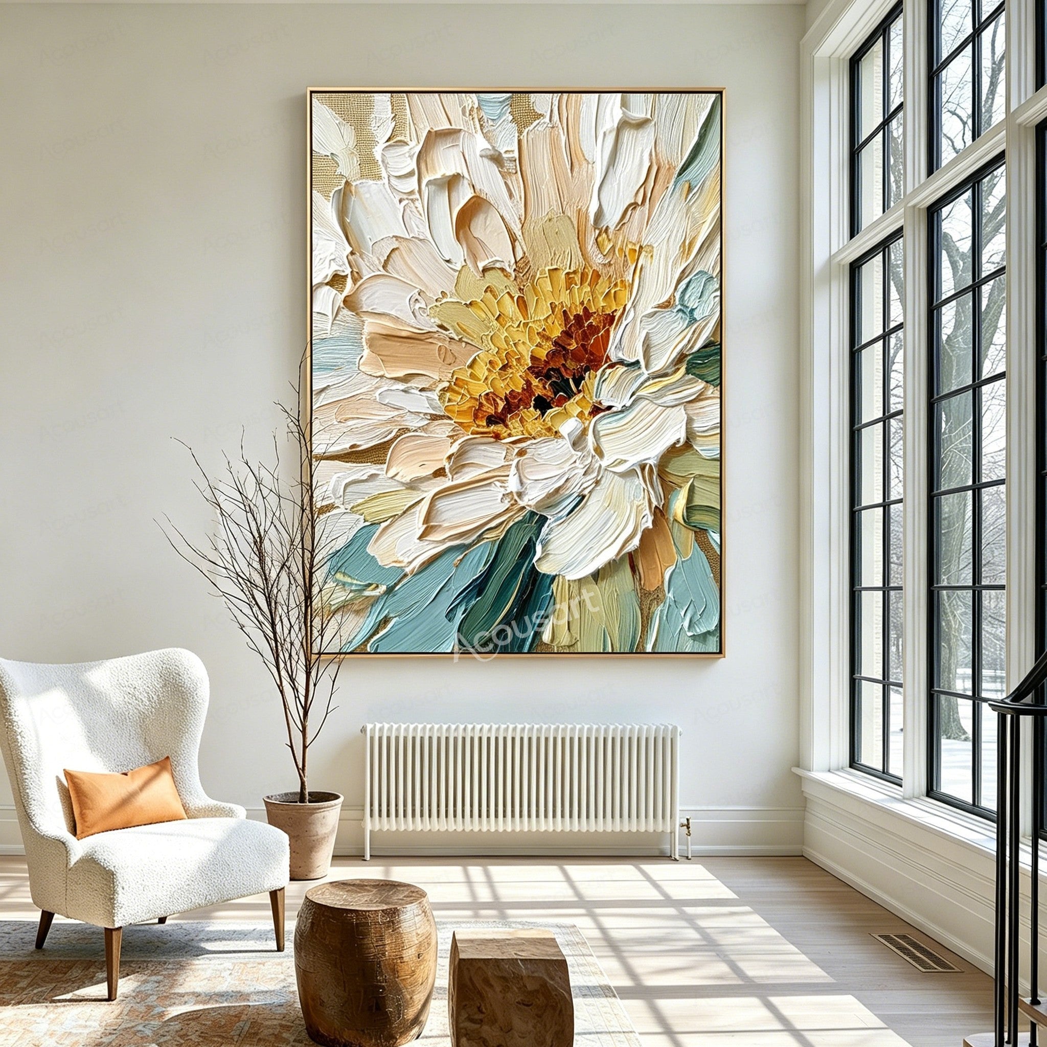 White and gold textured floral wall art with cream petals, golden flower center, teal blue leaves, and thick raised brushstrokes