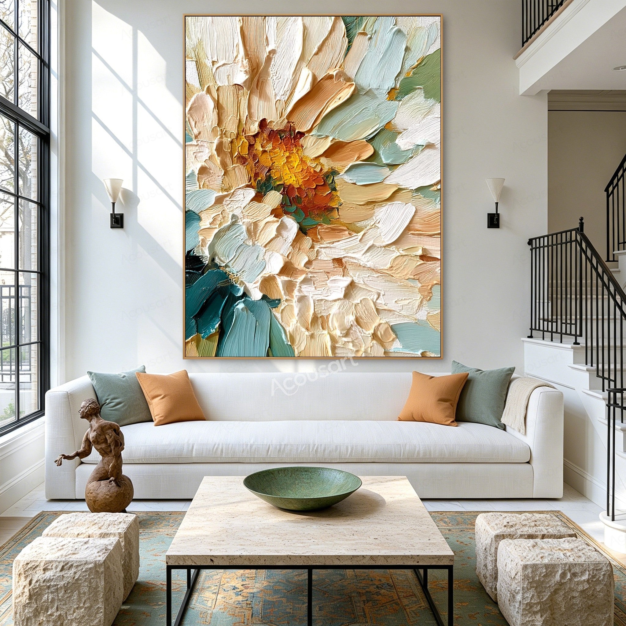 Teal and gold textured floral wall art with cream petals, golden flower center, and thick raised brushstrokes