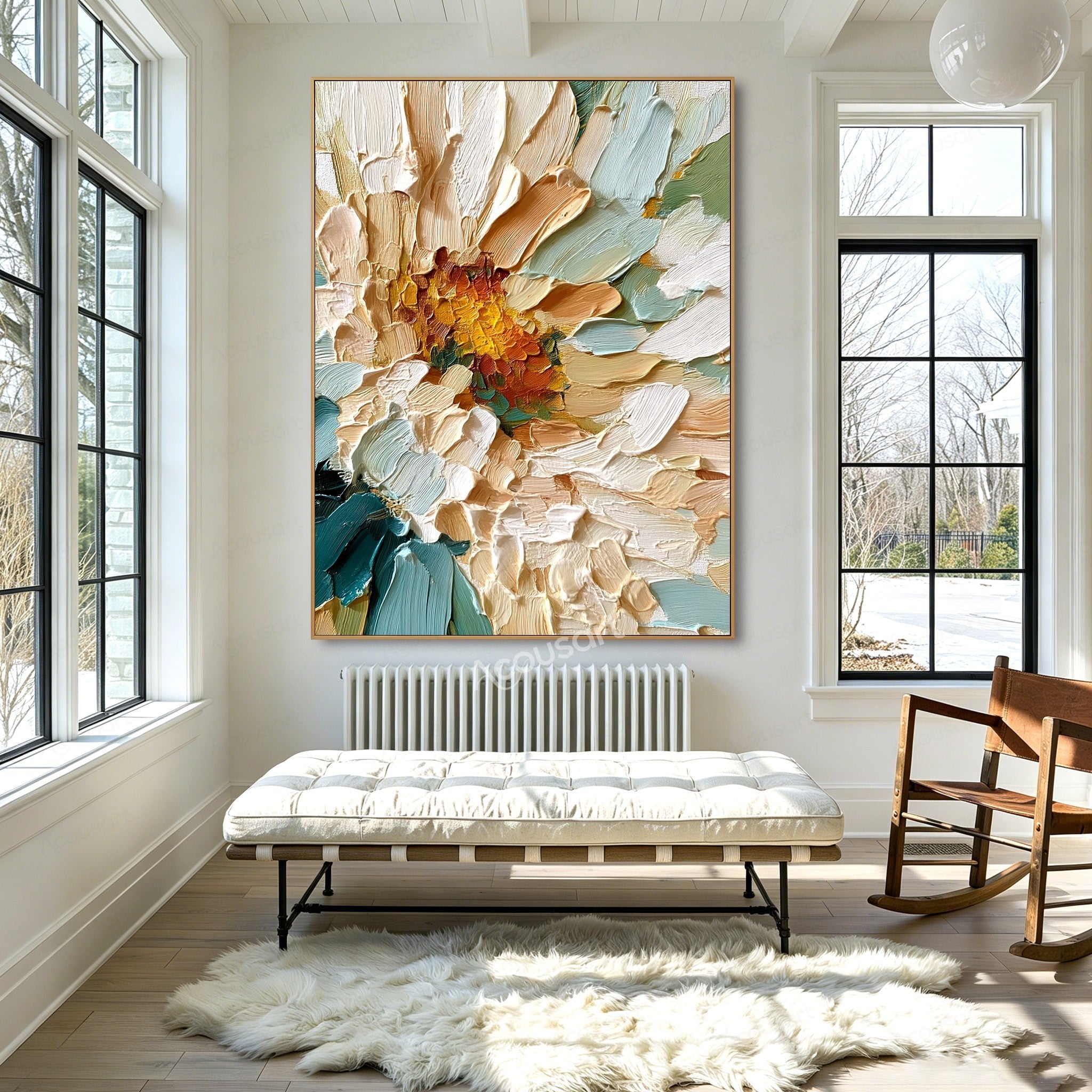 Teal and gold textured floral wall art with cream petals, golden flower center, and thick raised brushstrokes