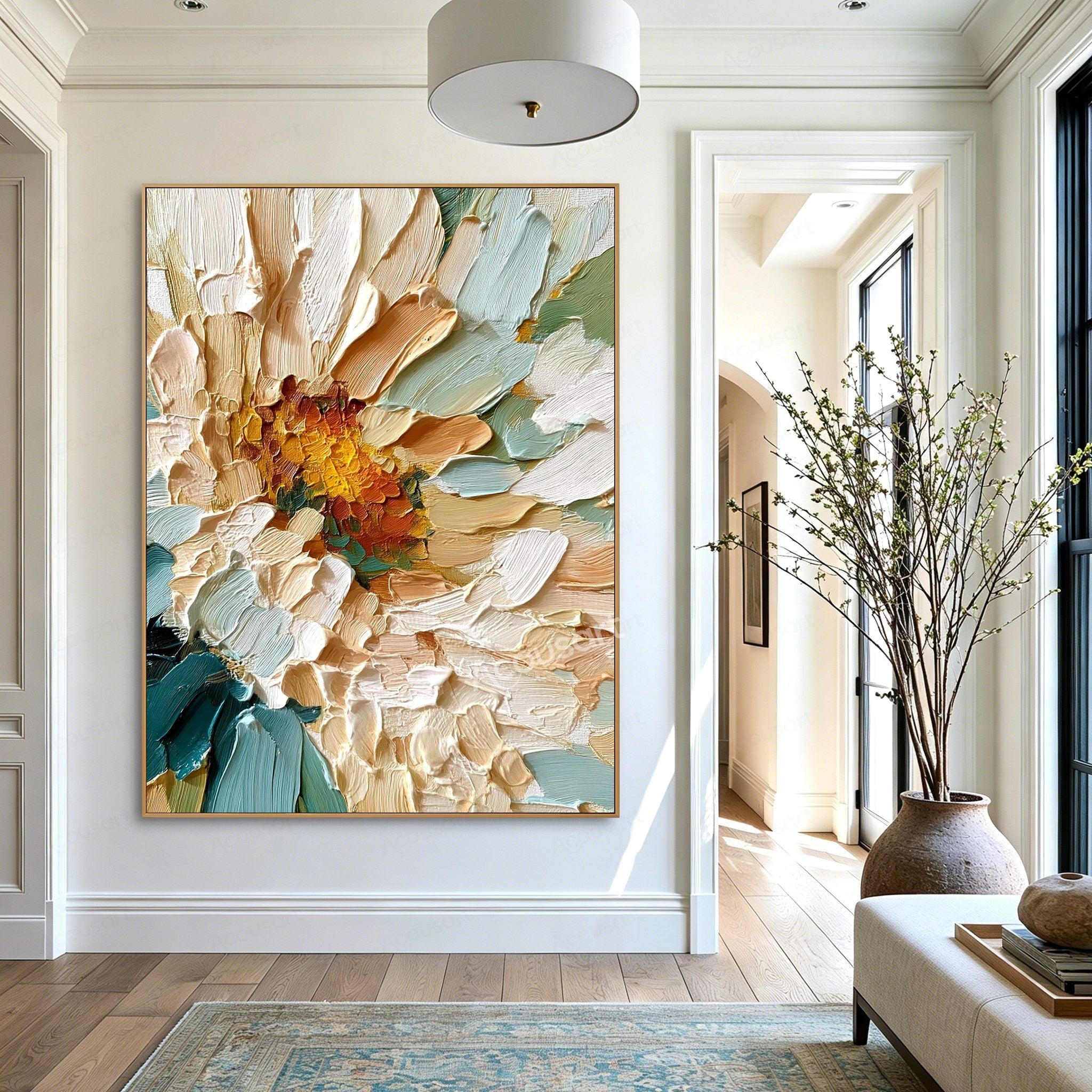 Teal and gold textured floral wall art with cream petals, golden flower center, and thick raised brushstrokes