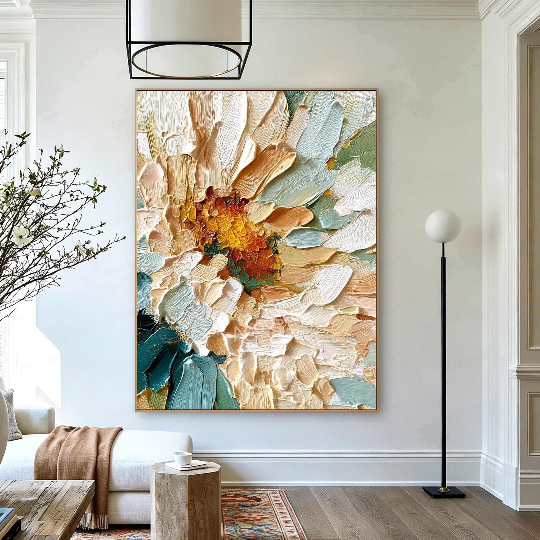 Teal and gold textured floral wall art with cream petals, golden flower center, and thick raised brushstrokes