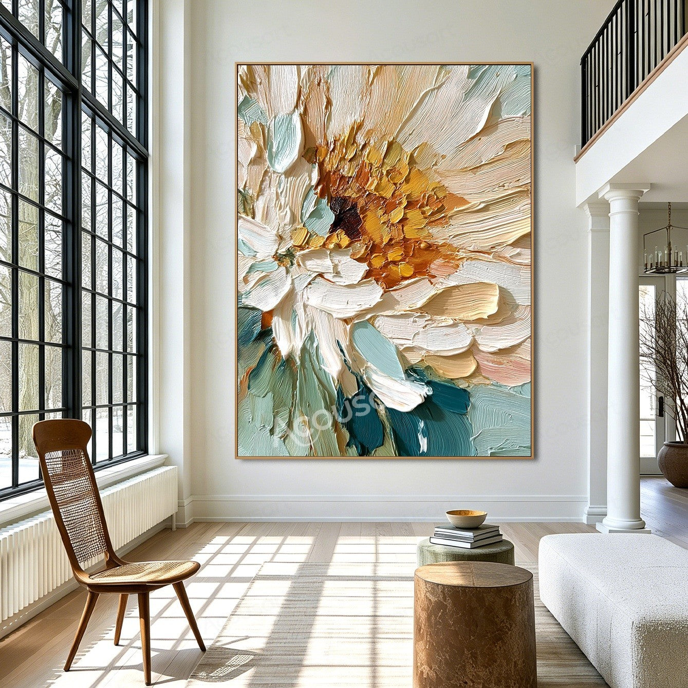 Teal and cream textured floral wall art with white petals, amber gold center, and thick raised brushstrokes