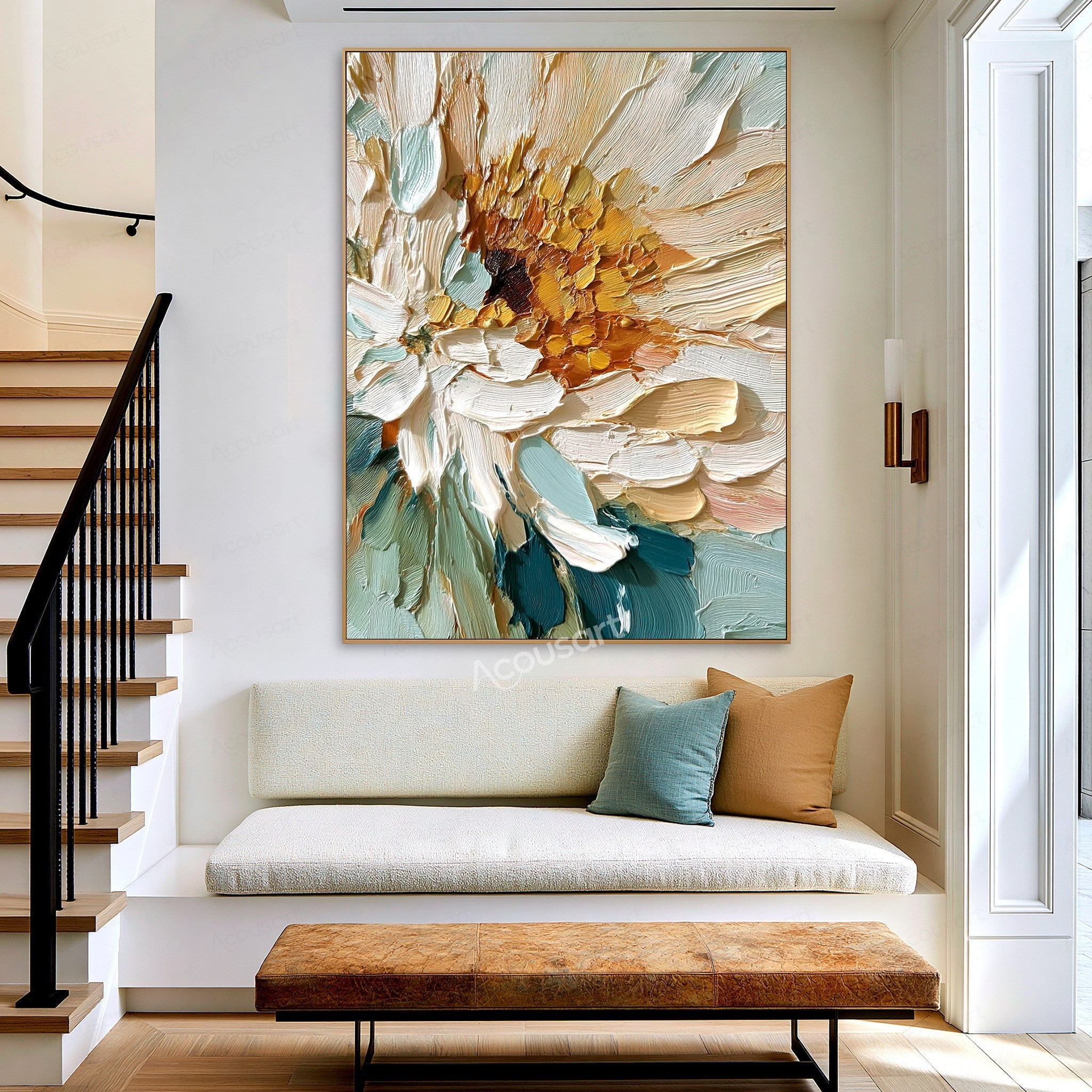 Teal and cream textured floral wall art with white petals, amber gold center, and thick raised brushstrokes