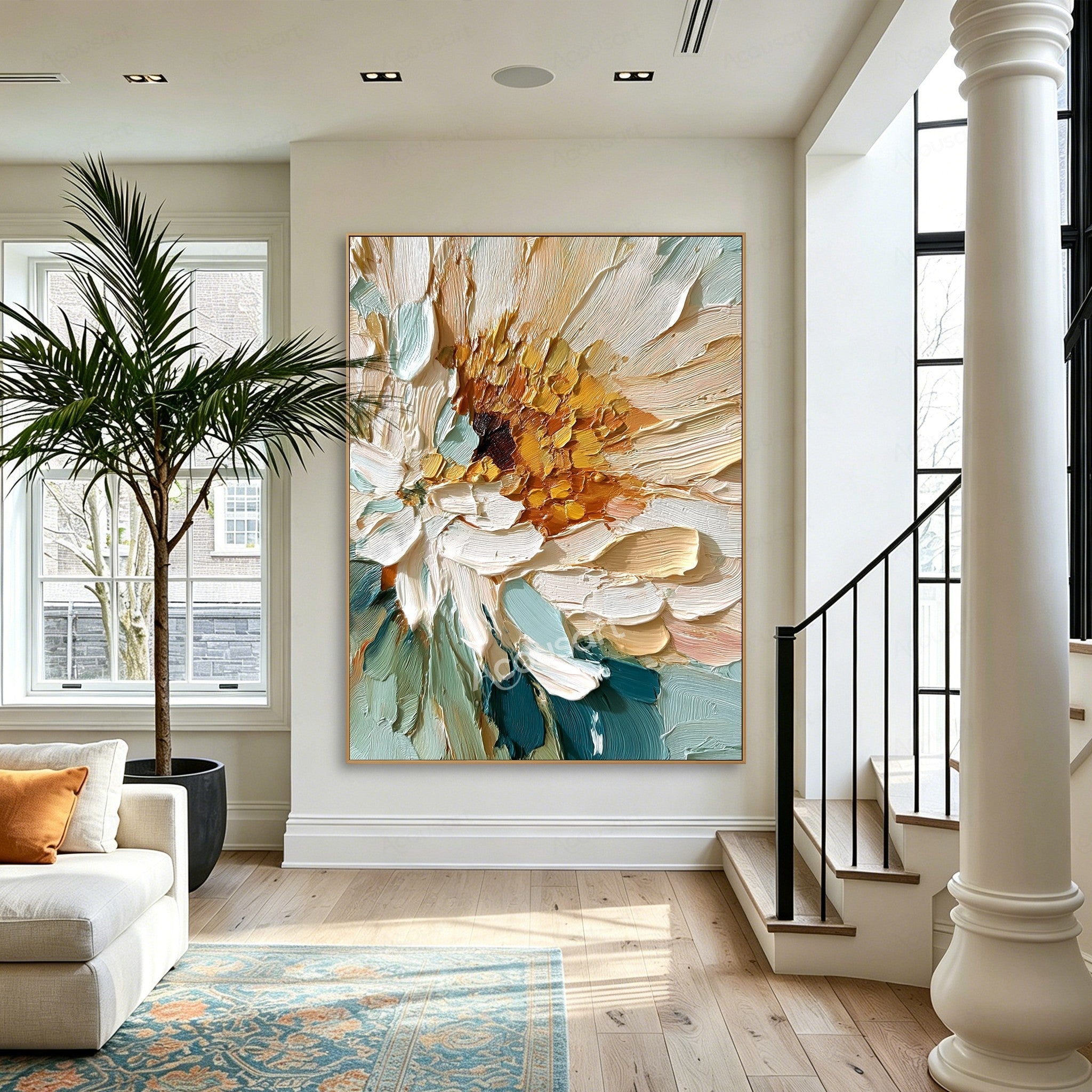Teal and cream textured floral wall art with white petals, amber gold center, and thick raised brushstrokes