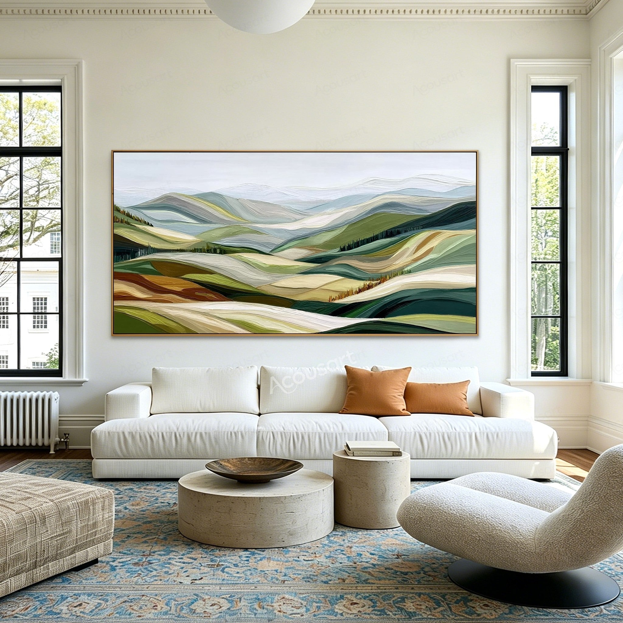 Textured abstract landscape wall art with green rolling hills, distant blue-gray mountains, and small rows of trees