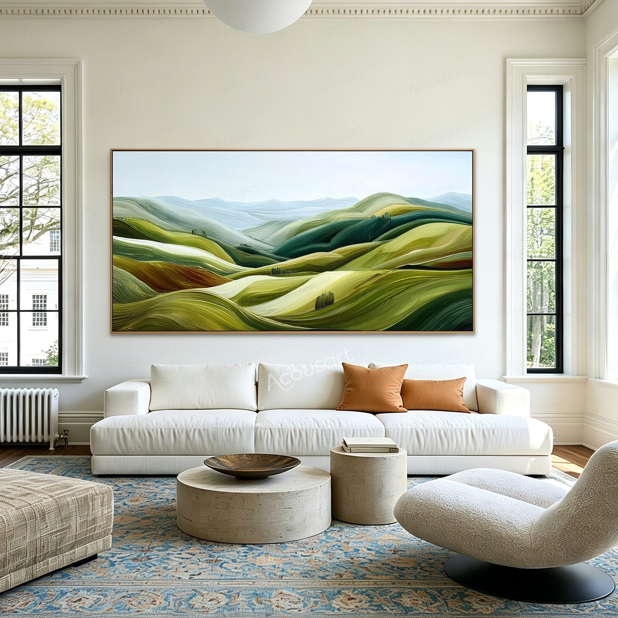 Green textured landscape wall art with rolling hills, pale blue mountains, and small groups of trees