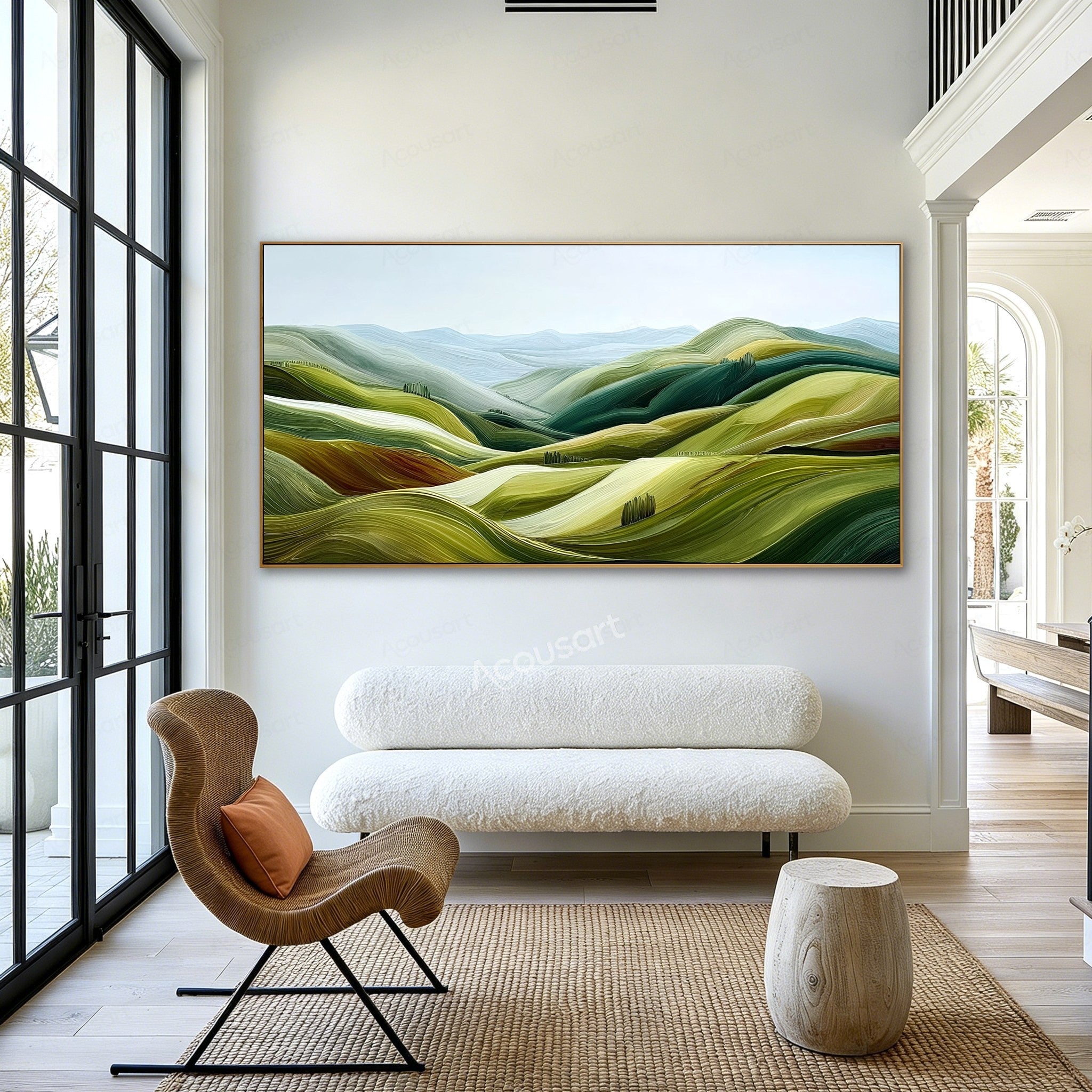 Green textured landscape wall art with rolling hills, pale blue mountains, and small groups of trees