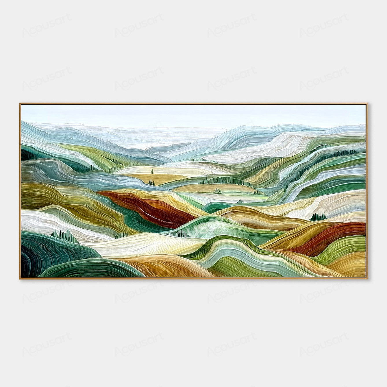 Green textured landscape wall art with rolling hills, pale blue mountains, golden fields, and small groups of trees