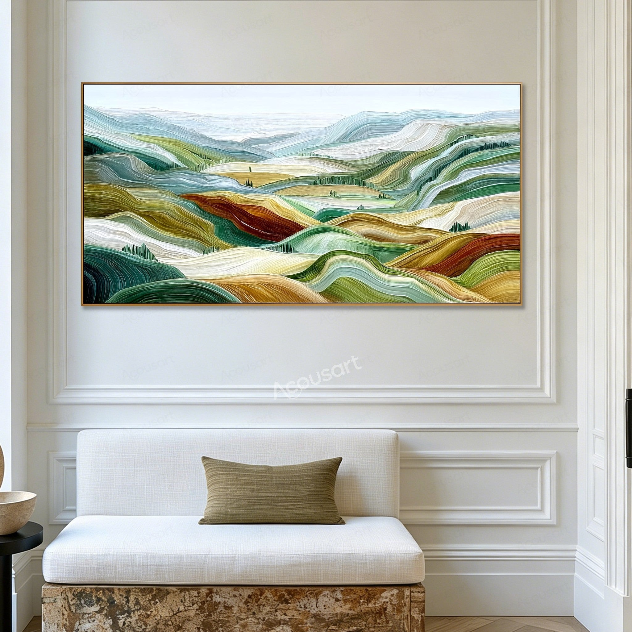 Green textured landscape wall art with rolling hills, pale blue mountains, golden fields, and small groups of trees