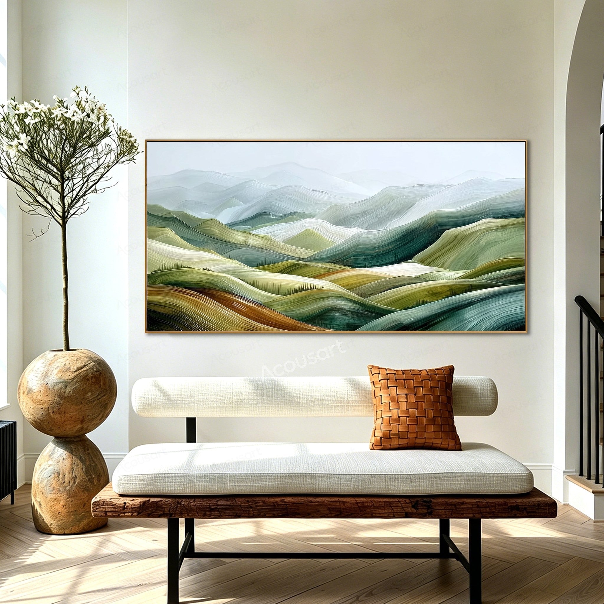 Green textured landscape wall art with rolling hills, misty blue mountains, cream fields, and small rows of trees