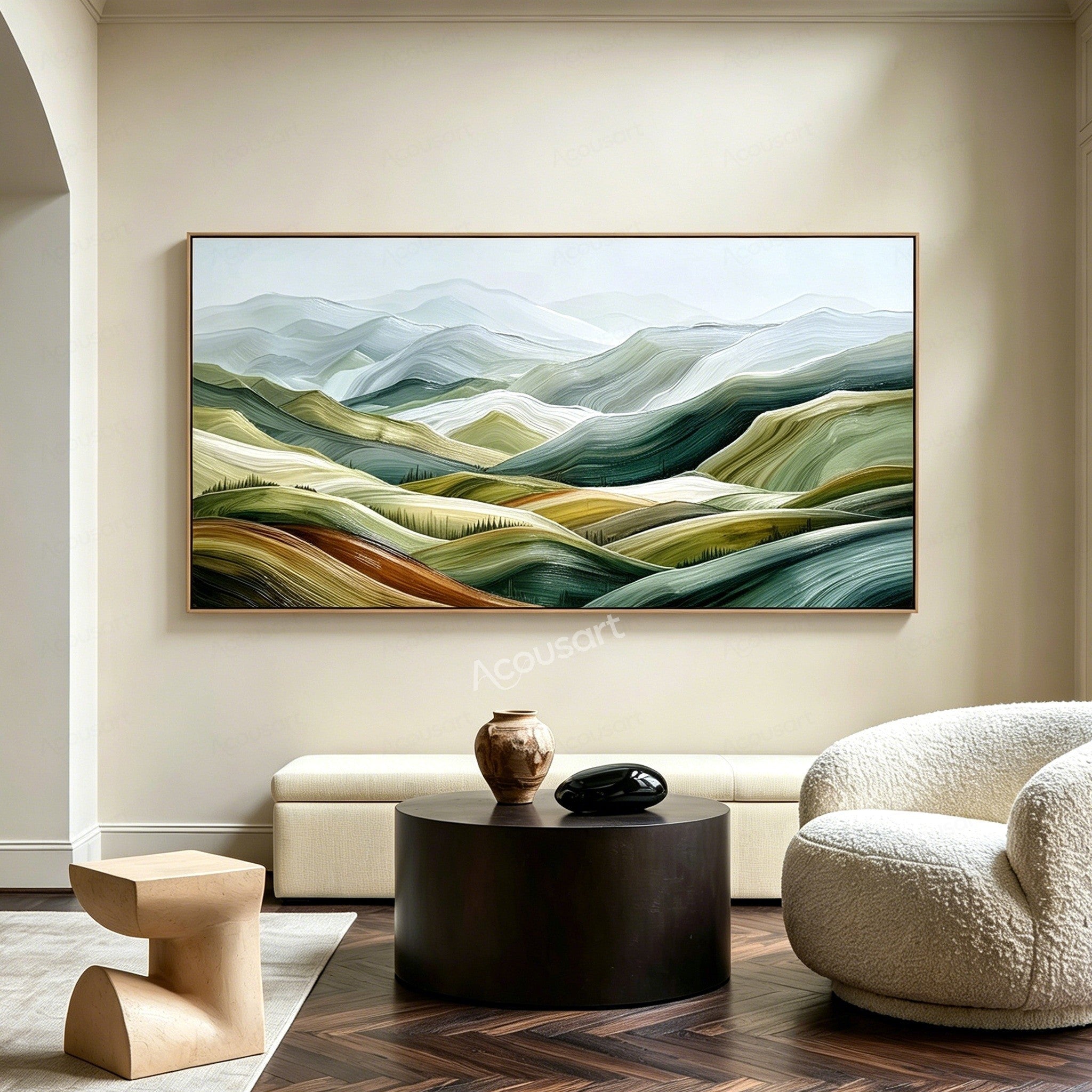 Green textured landscape wall art with rolling hills, misty blue mountains, cream fields, and small rows of trees