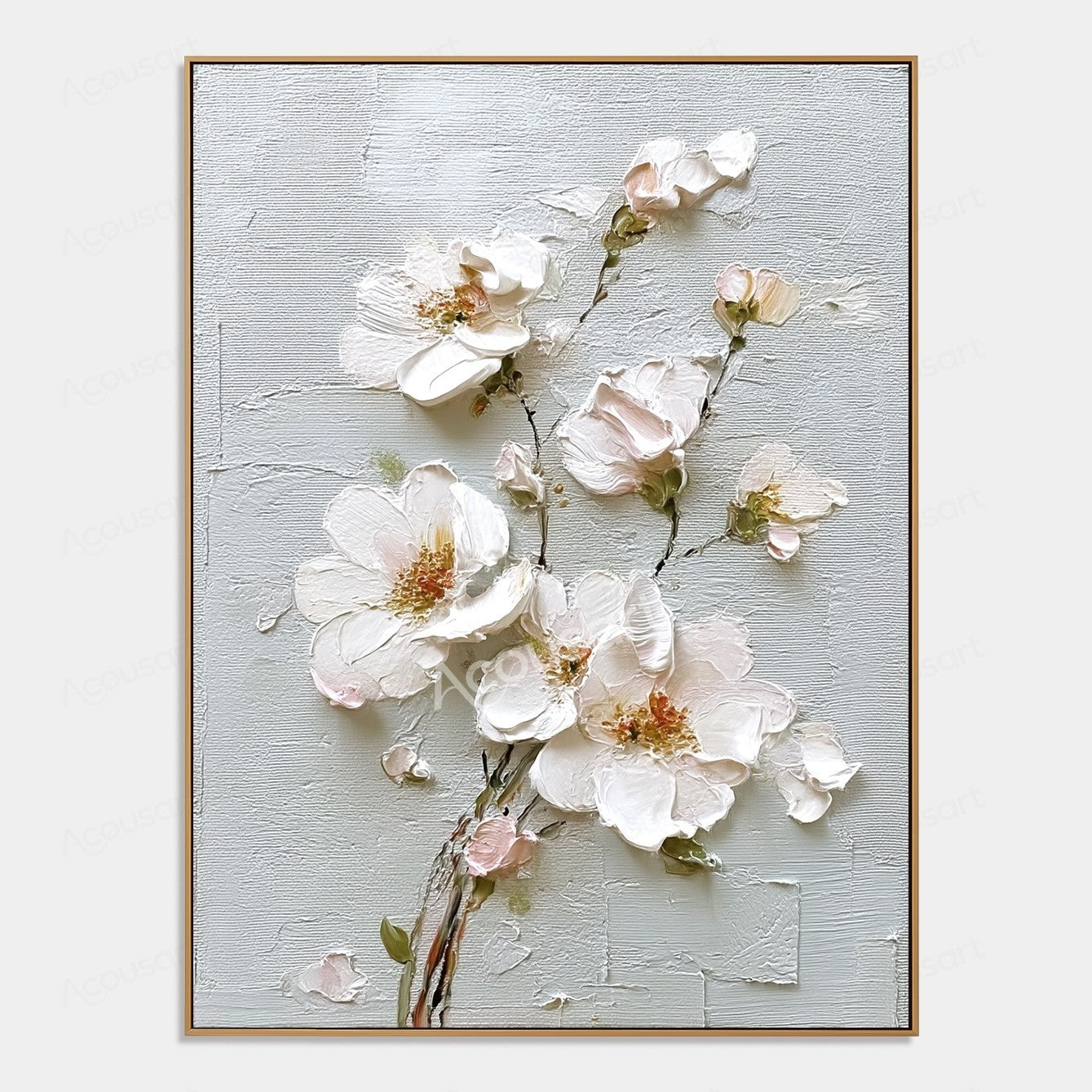 White textured floral wall art with blush pink flowers, gold centers, green leaves, and brown stems on a pale blue-gray background