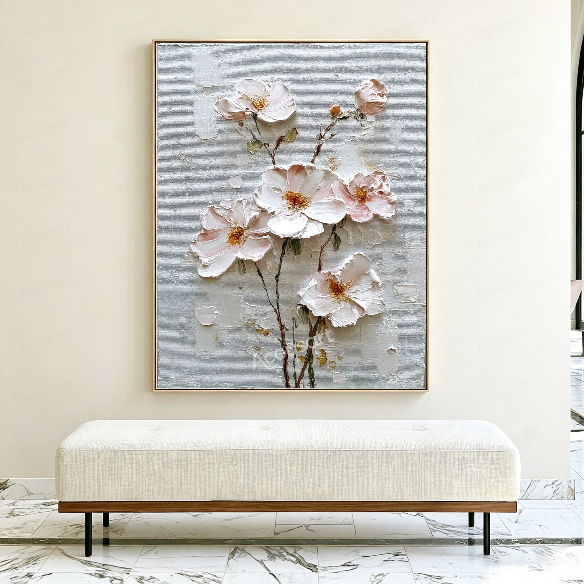 Blush pink and white textured floral wall art with gold flower centers and brown stems on a pale blue-gray background