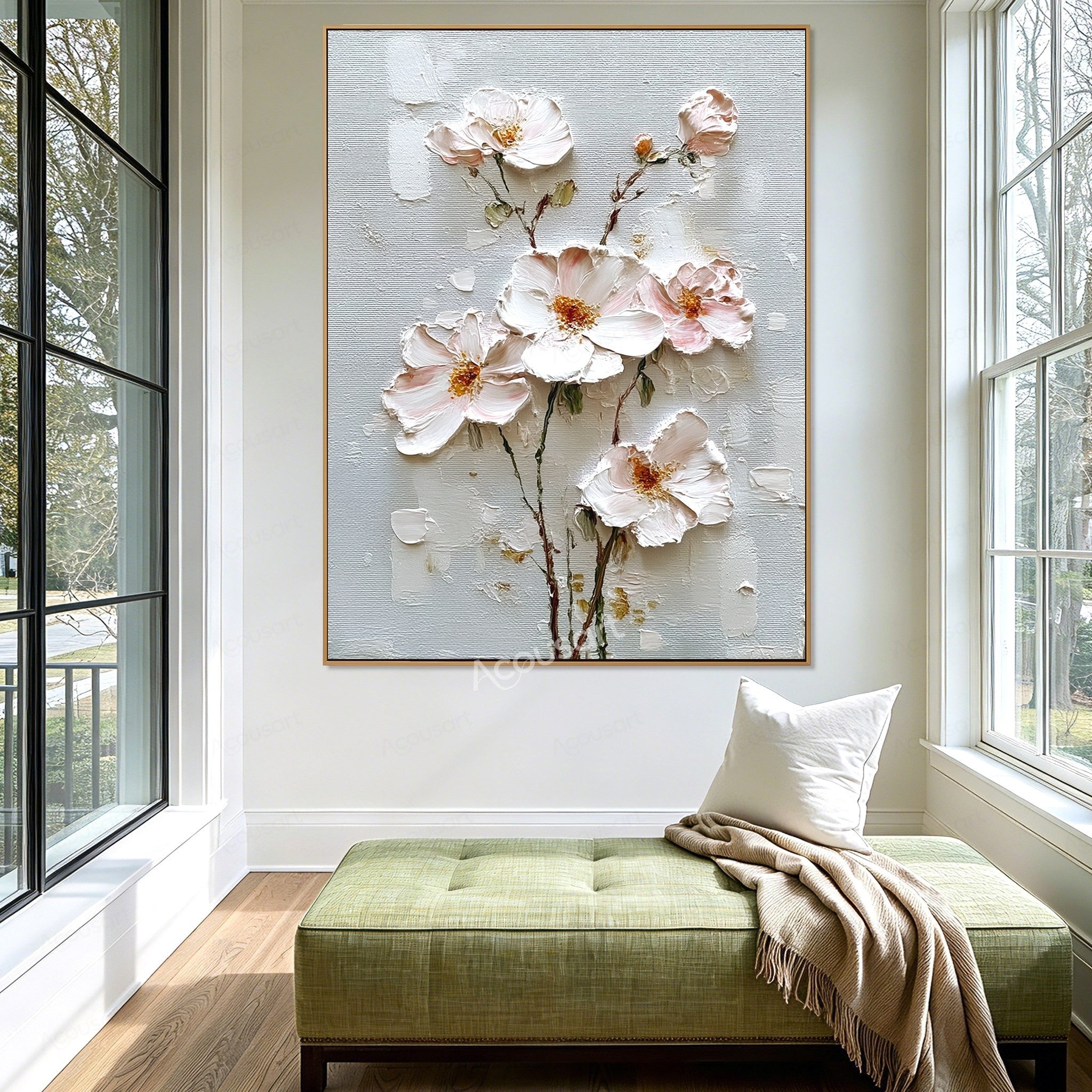 Blush pink and white textured floral wall art with gold flower centers and brown stems on a pale blue-gray background