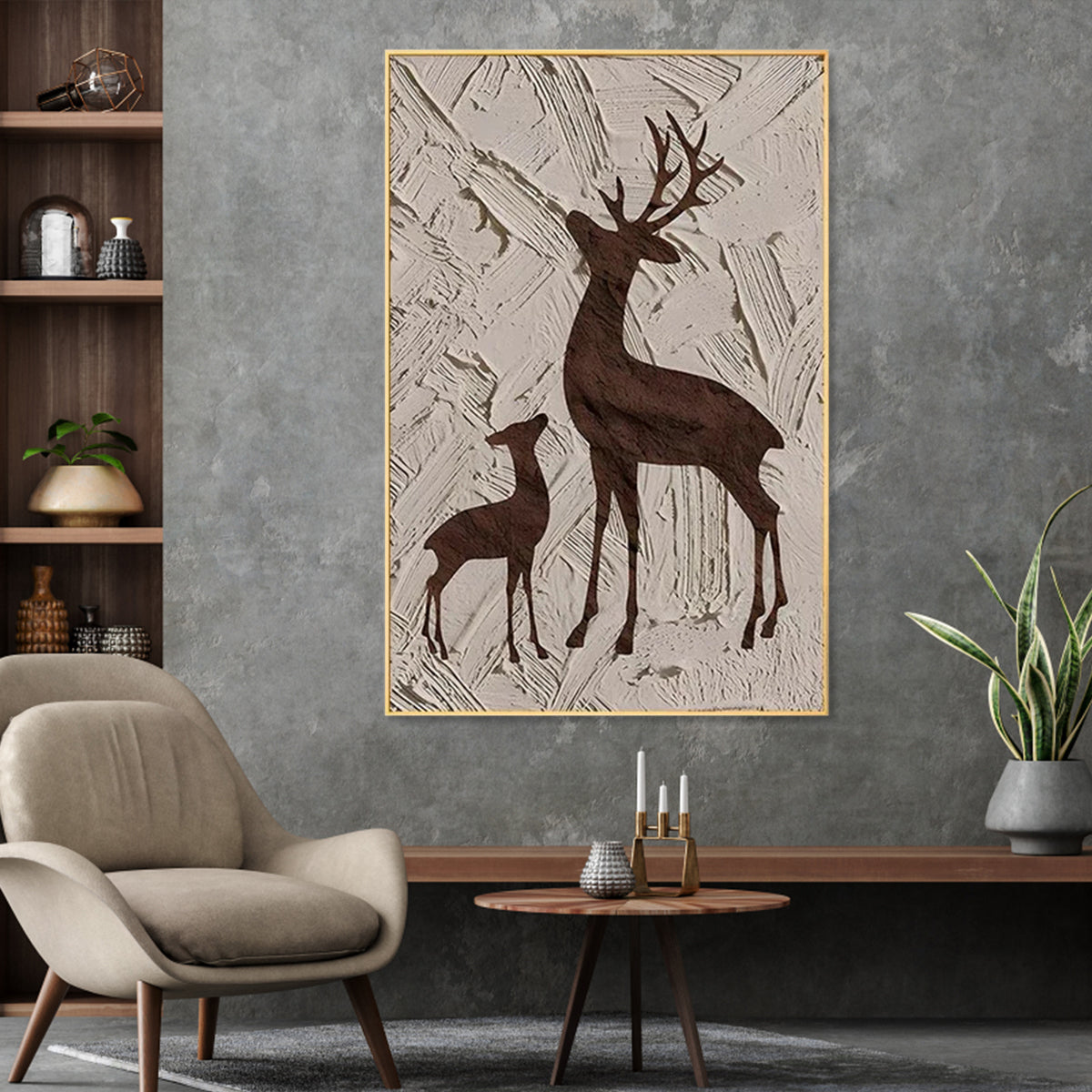 Deer silhouette canvas painting of stag and fawn with textured background