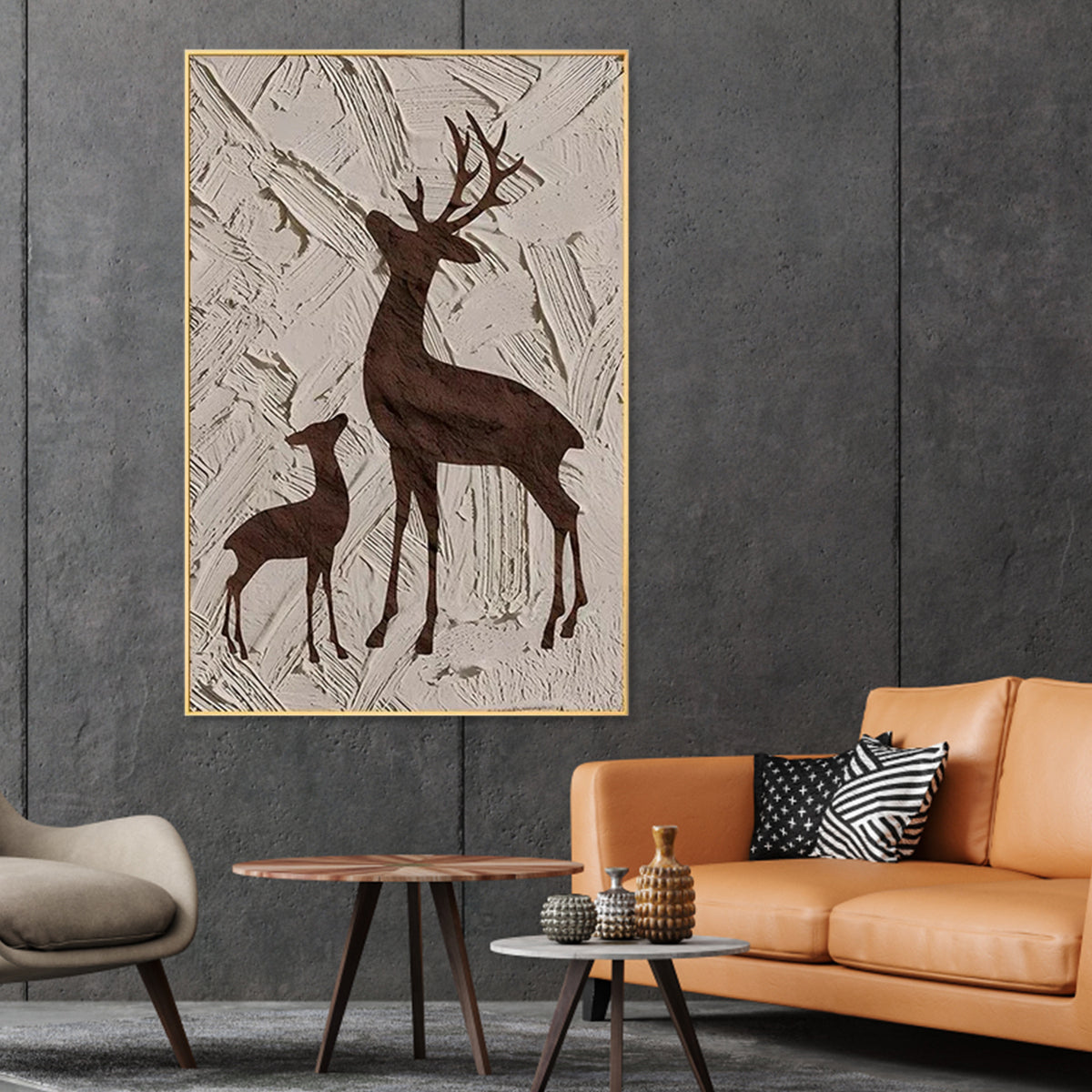 Deer silhouette canvas painting of stag and fawn with textured background