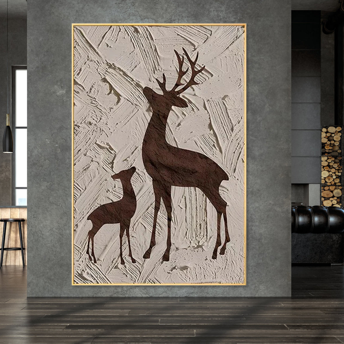 Deer silhouette canvas painting of stag and fawn with textured background