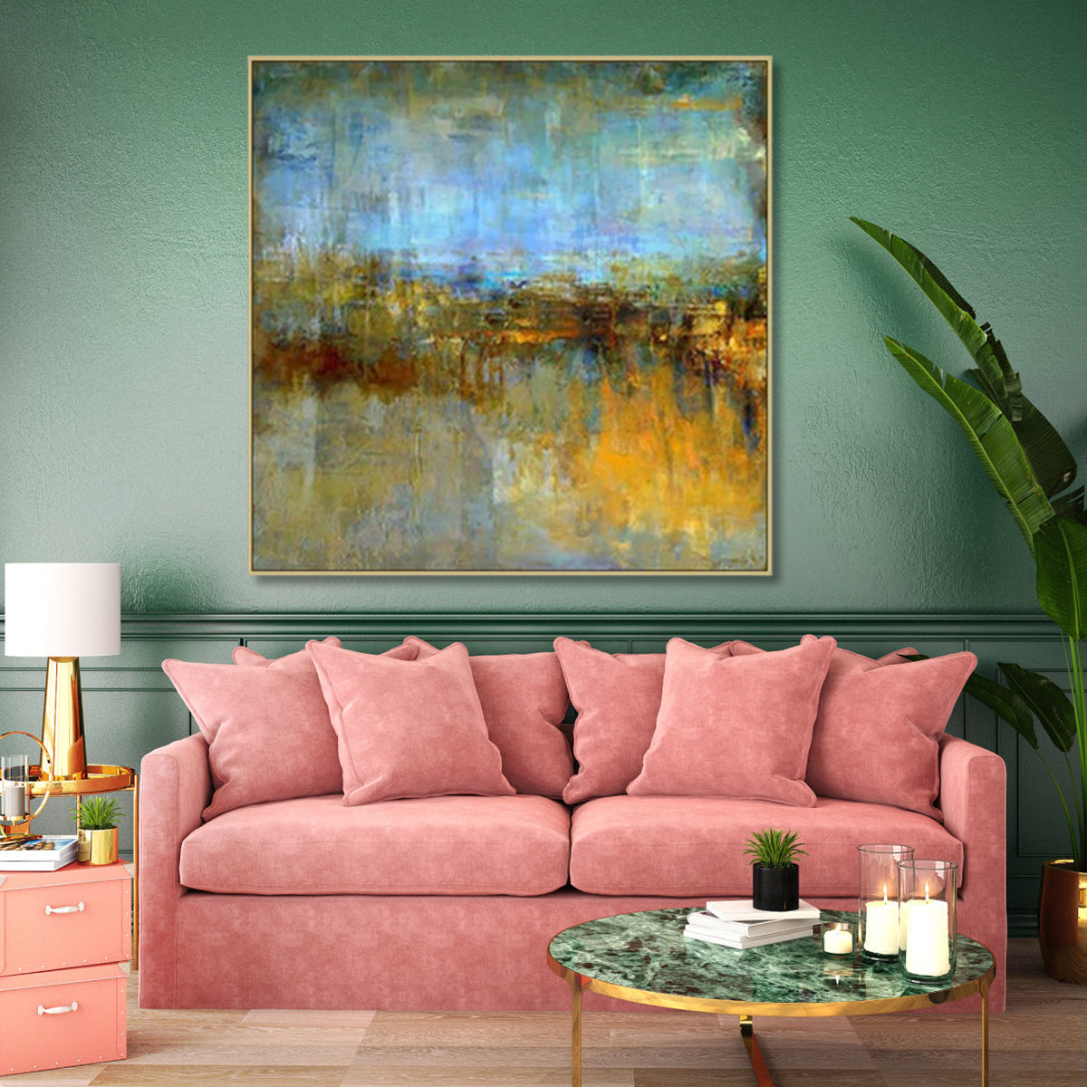 Abstract gold and blue wall art, modern textured painting for living room decor