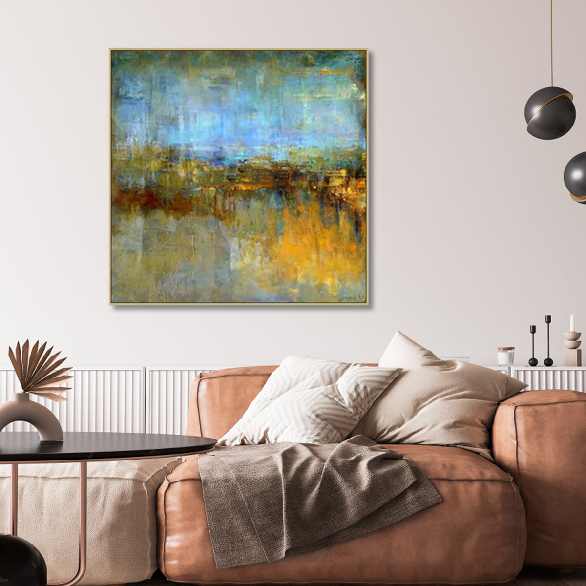 Abstract gold and blue wall art, modern textured painting for living room decor