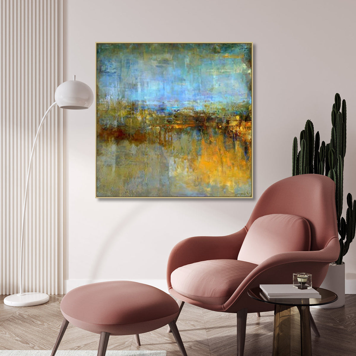 Abstract gold and blue wall art, modern textured painting for living room decor