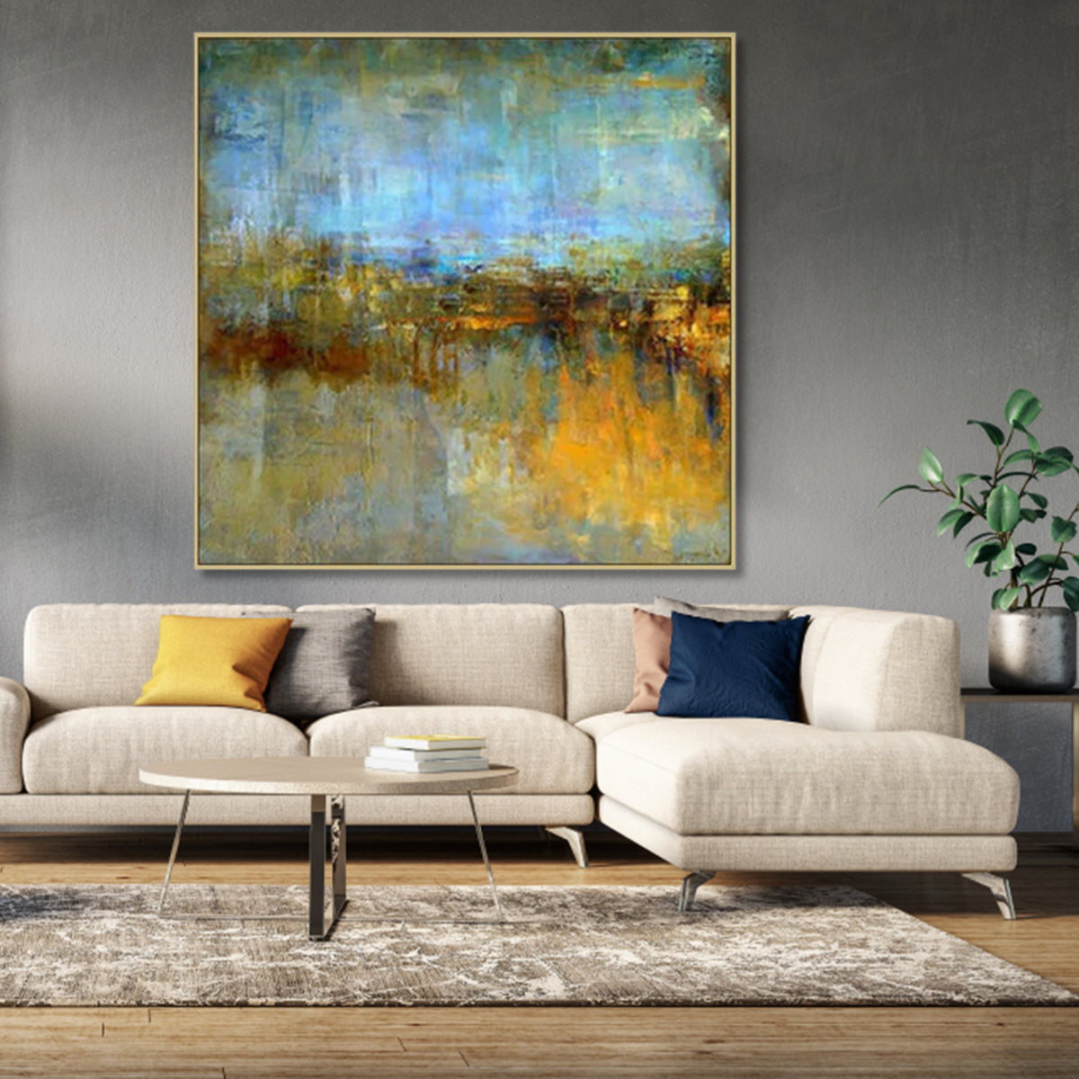 Abstract gold and blue wall art, modern textured painting for living room decor