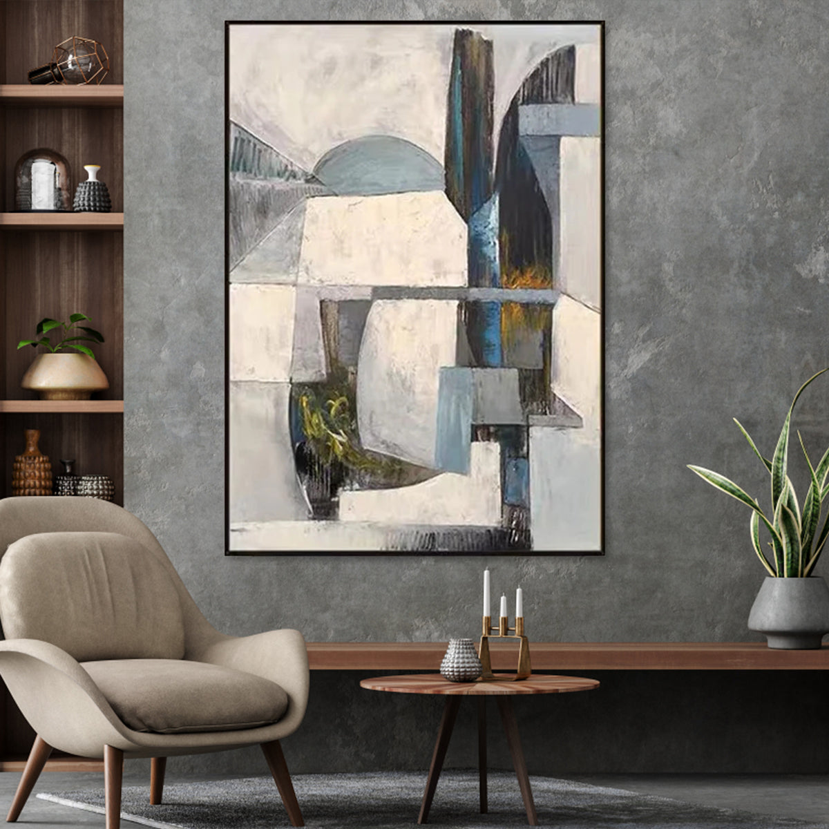 Abstract oil painting with geometric forms in blue, gray, and yellow accents – Alternative Forms