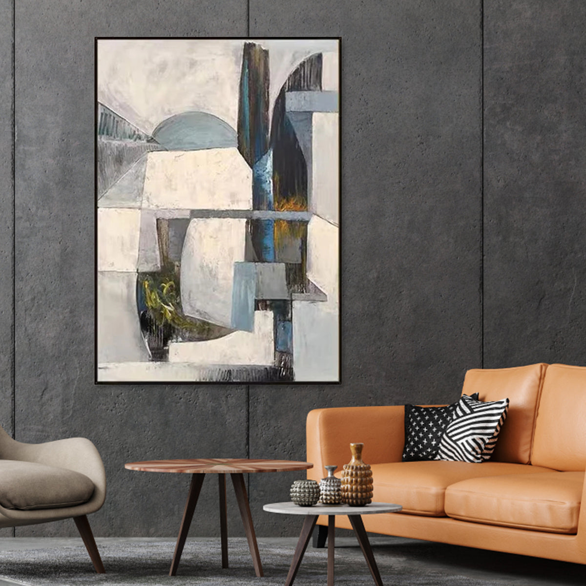 Abstract oil painting with geometric forms in blue, gray, and yellow accents – Alternative Forms