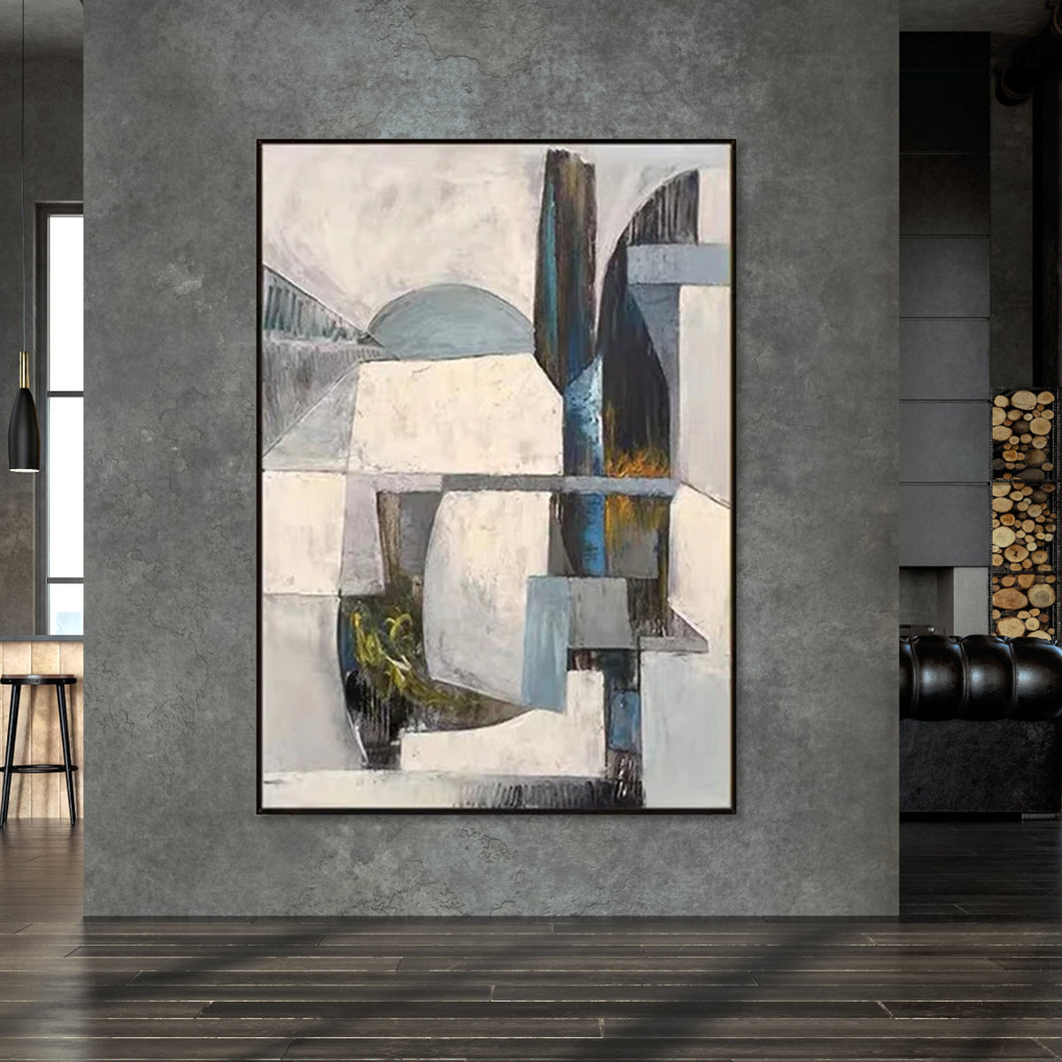 Abstract oil painting with geometric forms in blue, gray, and yellow accents – Alternative Forms