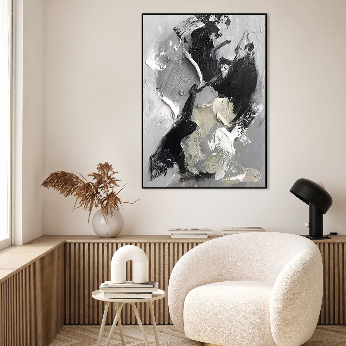 abstract black and white art impasto painting titled “Whispers of Grey”